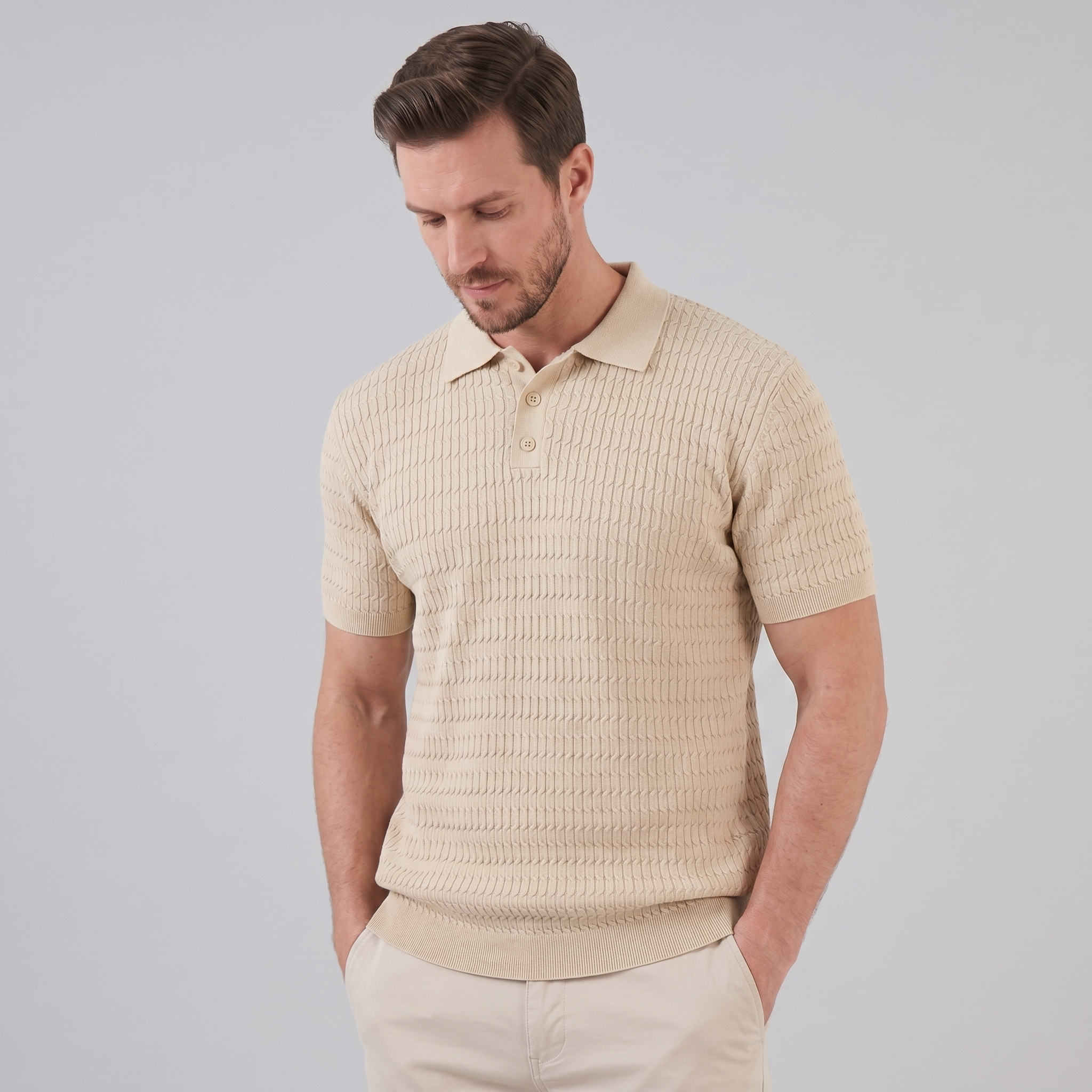 Men's Cable Knit Open Collar Polo Shirt Short Sleeve Summer