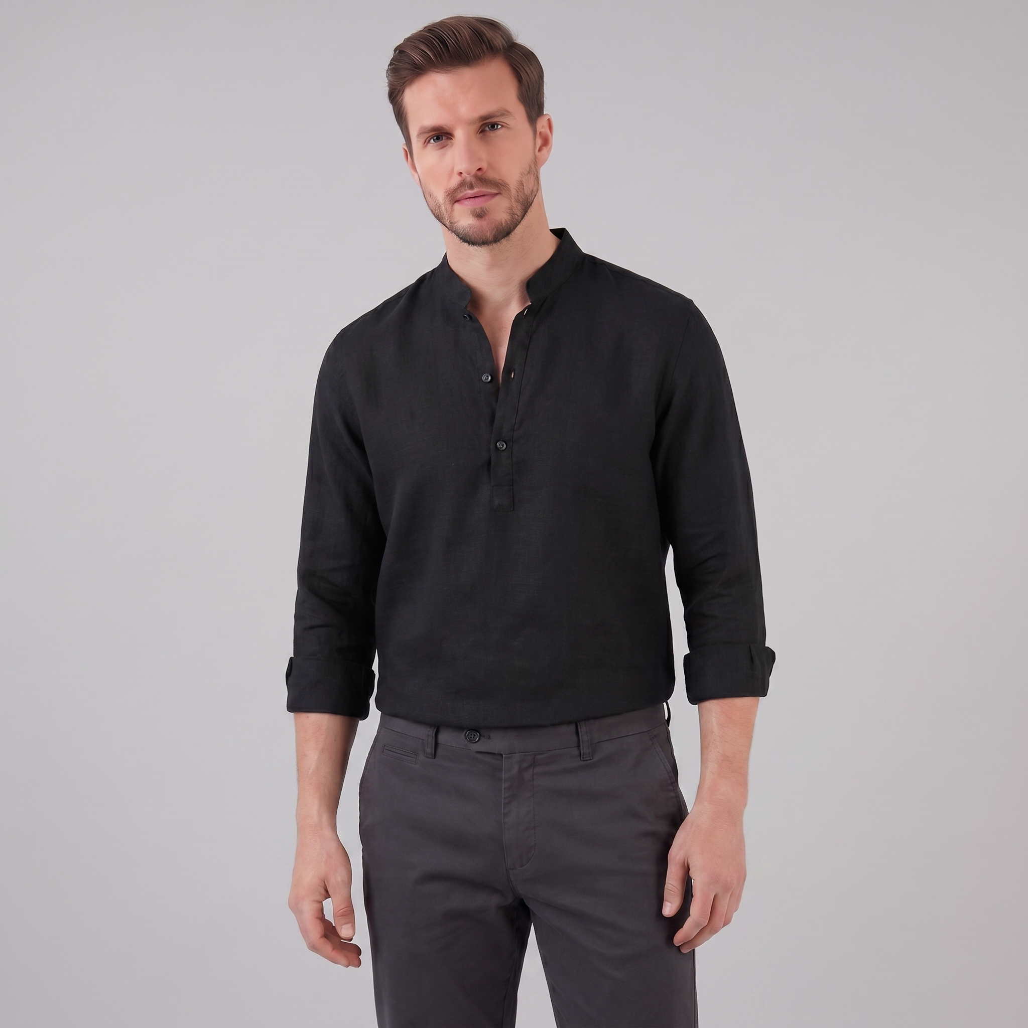 Men's Linen Grandad Collar Half Placket Shirt Summer