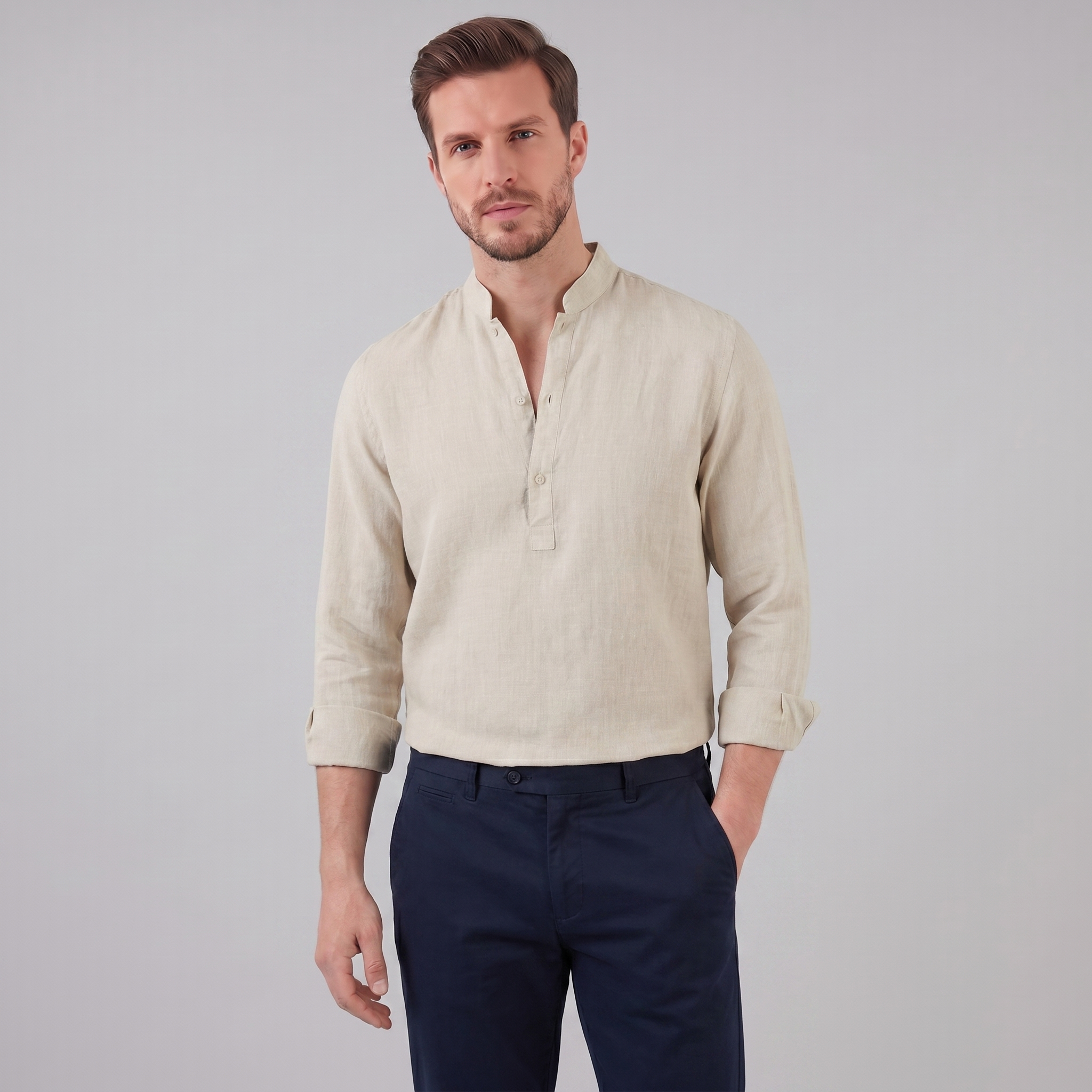 Men's Linen Grandad Collar Half Placket Shirt Summer