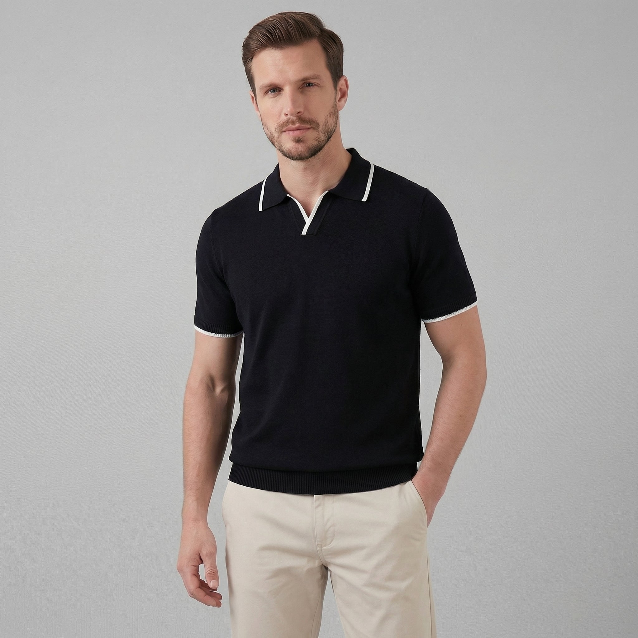 Men's Contrast Tipped Knit Polo Shirt Short Sleeve Summer