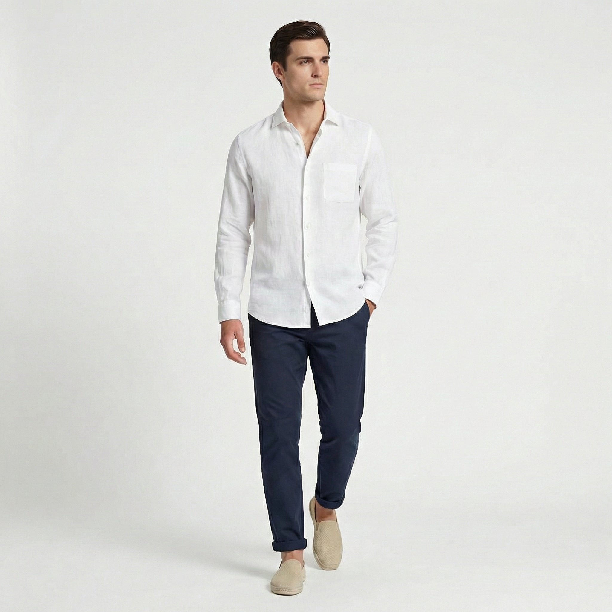 Men's Linen Long Sleeve Shirt Chest Pocket Summer
