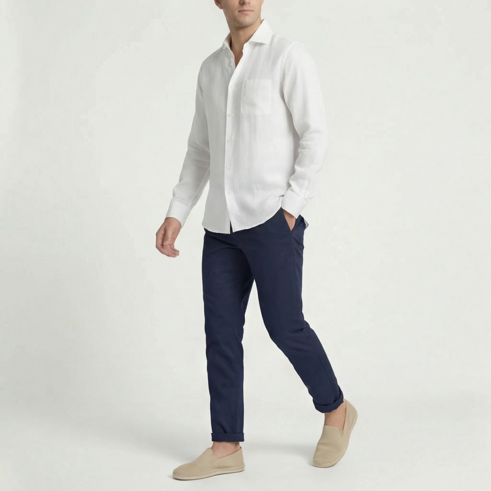 Men's Linen Long Sleeve Shirt Chest Pocket Summer
