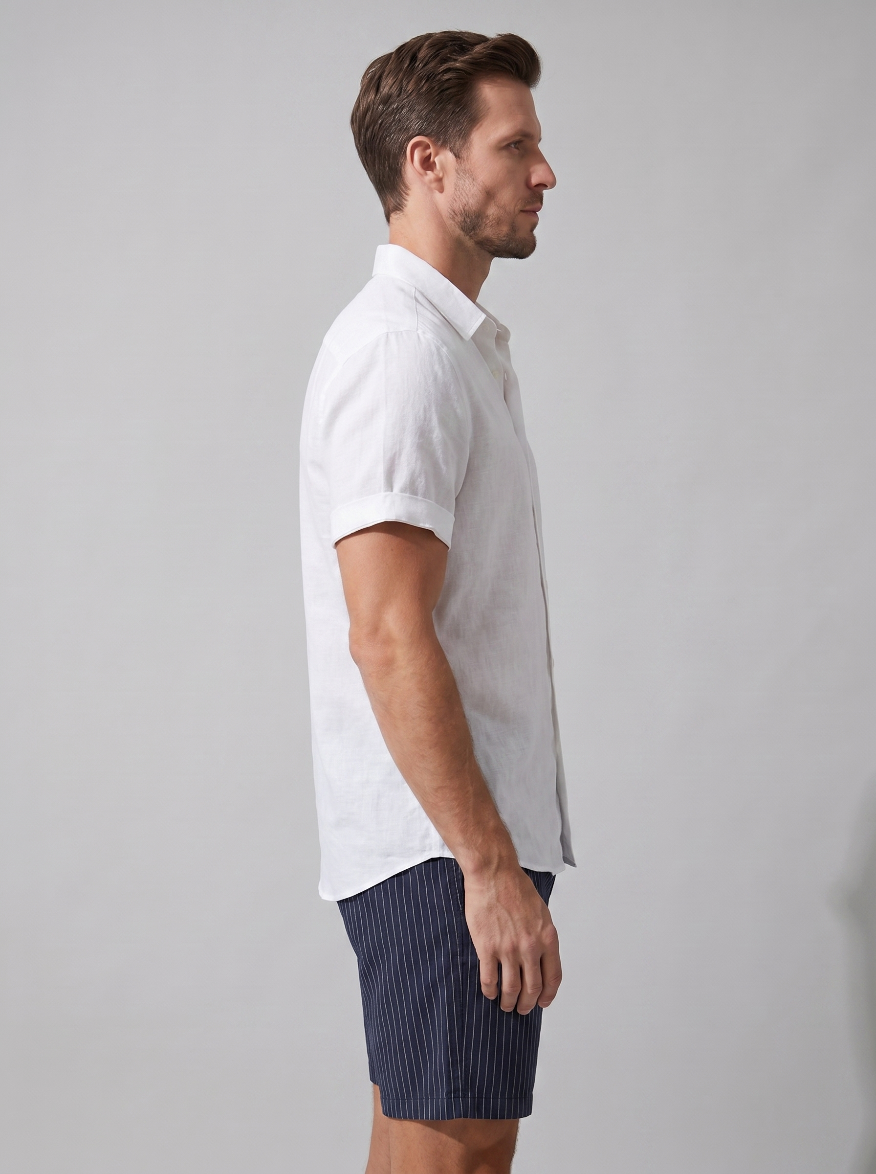 Men's Linen Camp Collar Shirt Pinstripe Shorts Set Summer