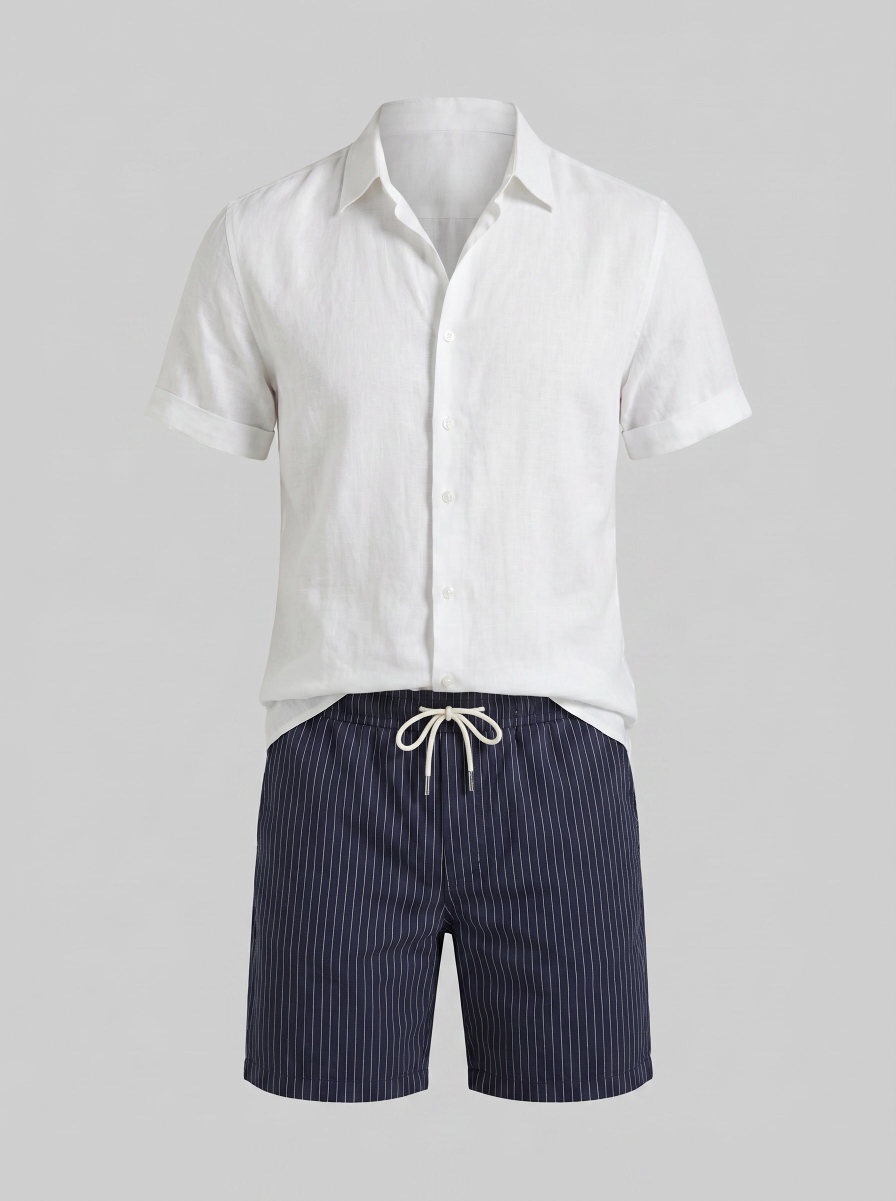 Men's Linen Camp Collar Shirt Pinstripe Shorts Set Summer