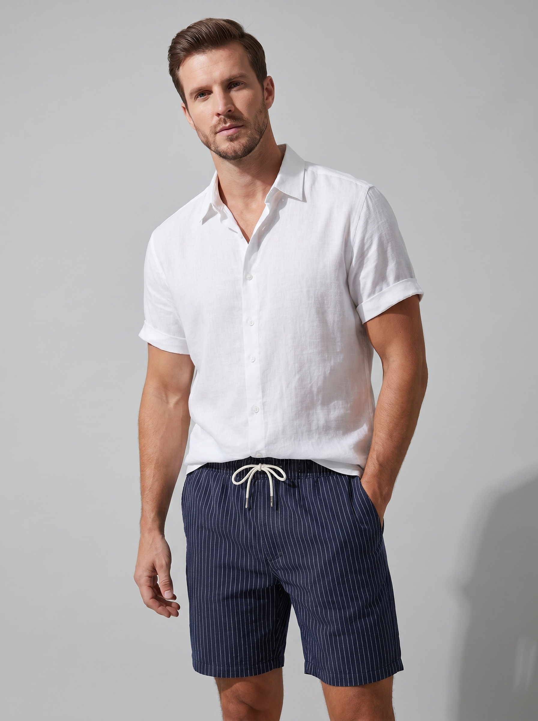 Men's Linen Camp Collar Shirt Pinstripe Shorts Set Summer