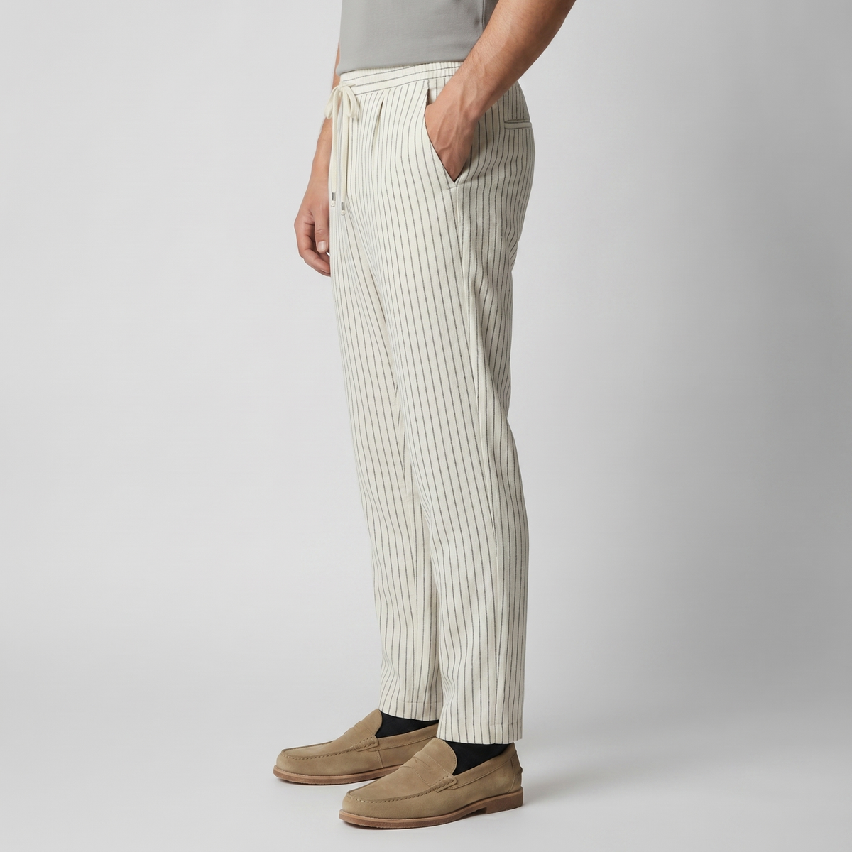 Men's Linen Pinstripe Straight Leg Drawstring Trousers Summer