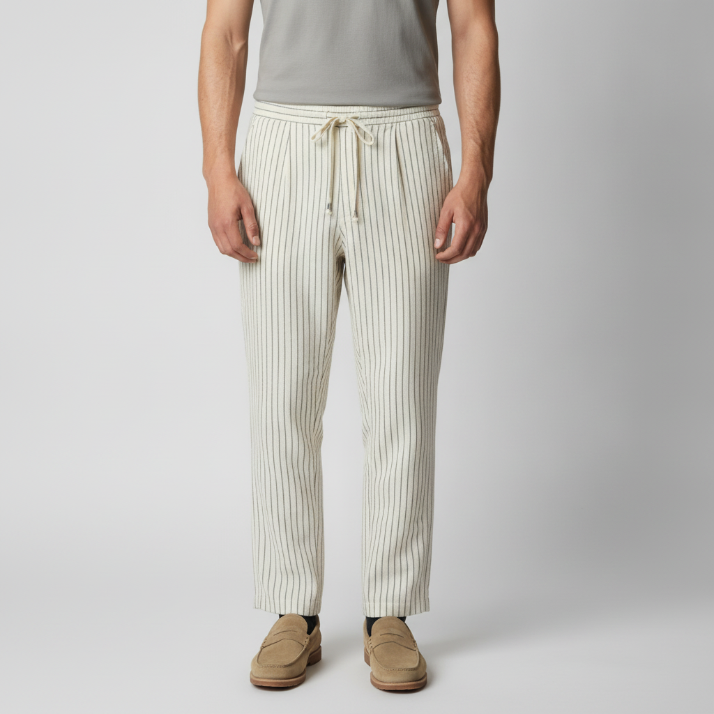 Men's Linen Pinstripe Straight Leg Drawstring Trousers Summer