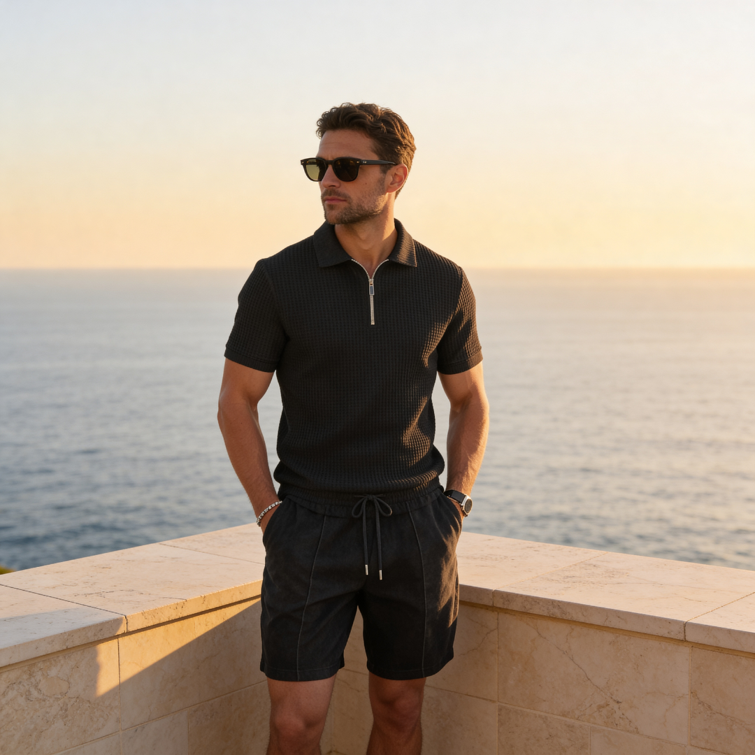 Men's Textured Zip Polo Shirt Shorts Co-ord Set Summer