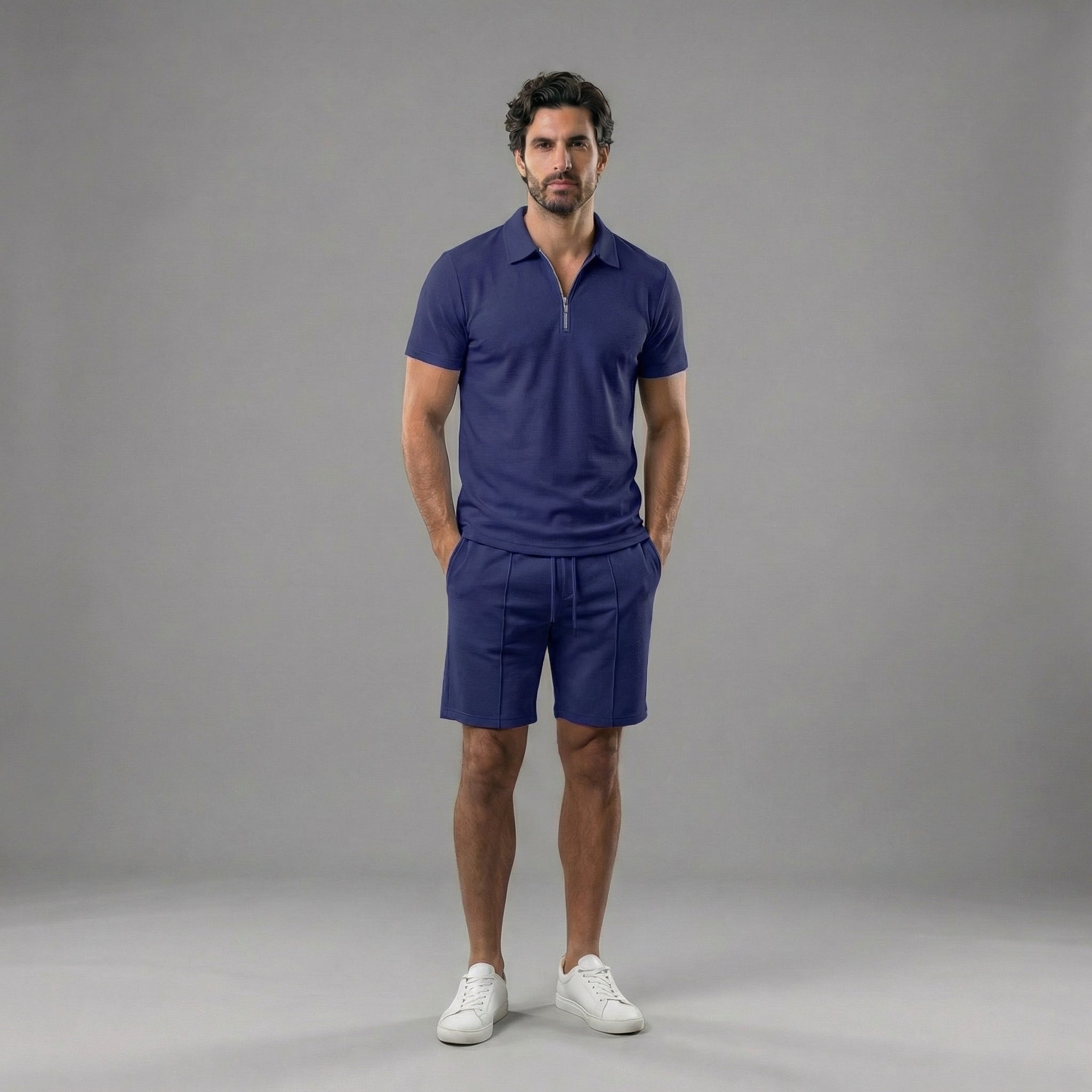 Men's Zip Polo Shirt Shorts Co-ord Set Summer