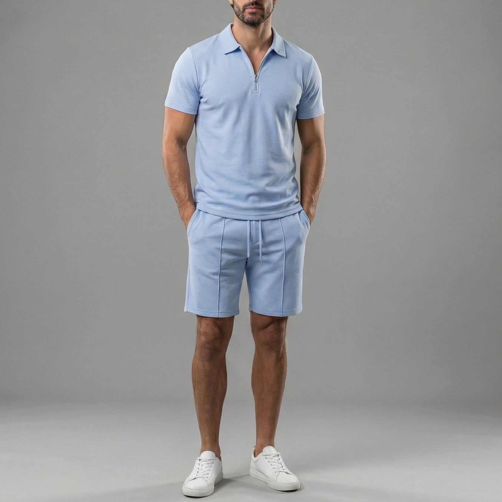 Men's Zip Polo Shirt Shorts Co-ord Set Summer