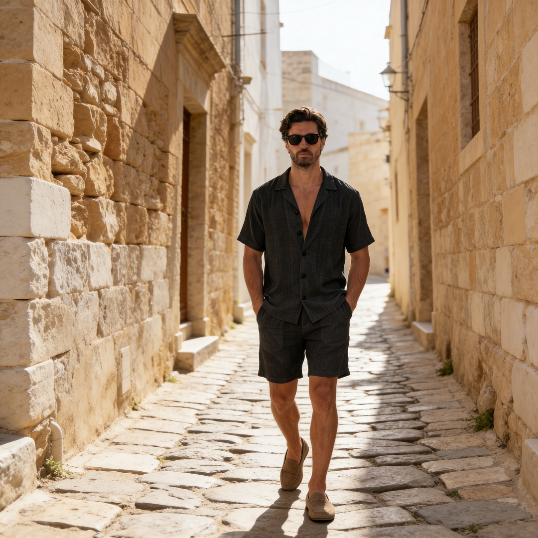 Men's Linen Cuban Collar Shirt Shorts Co-ord Set Summer