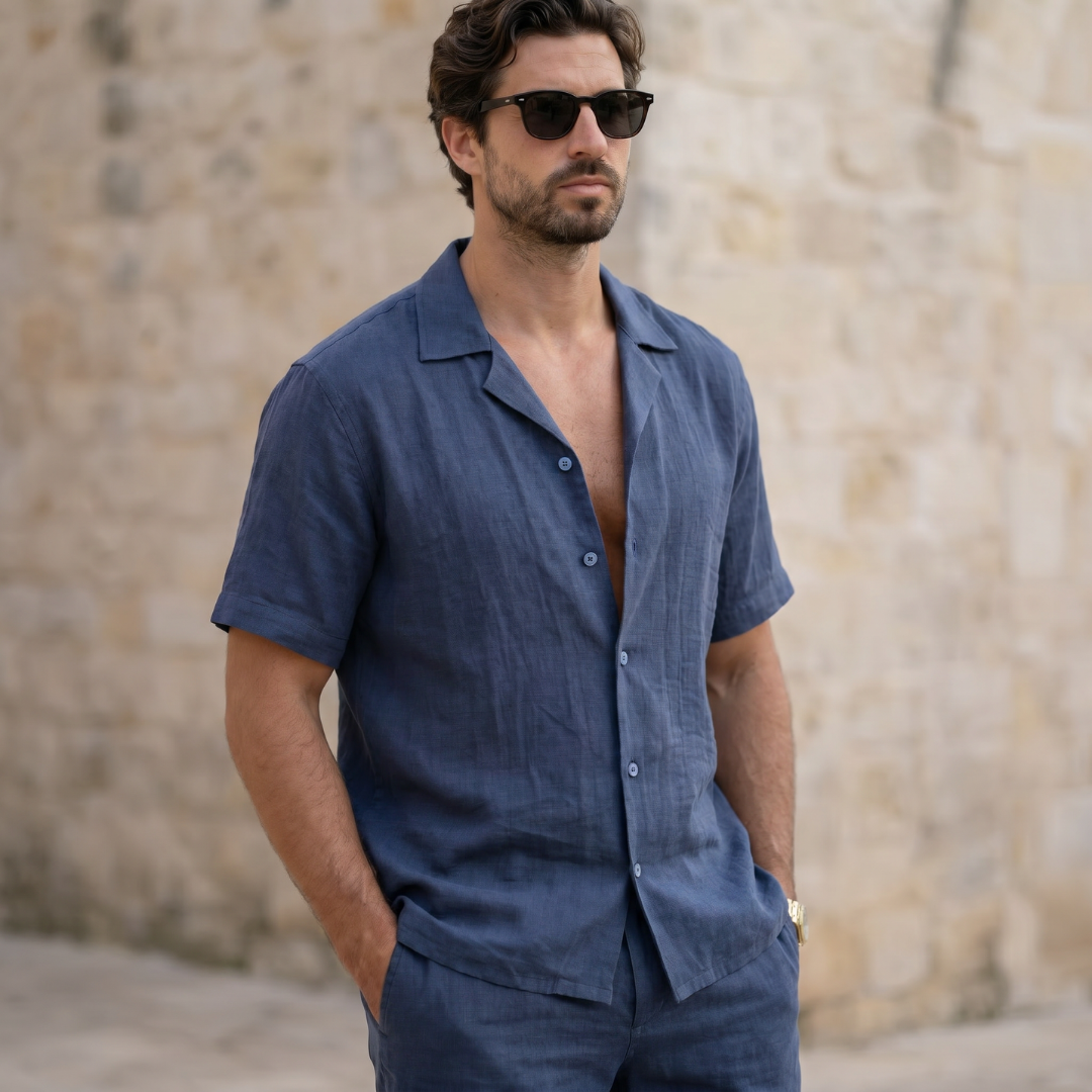 Men's Linen Cuban Collar Shirt Shorts Co-ord Set Summer