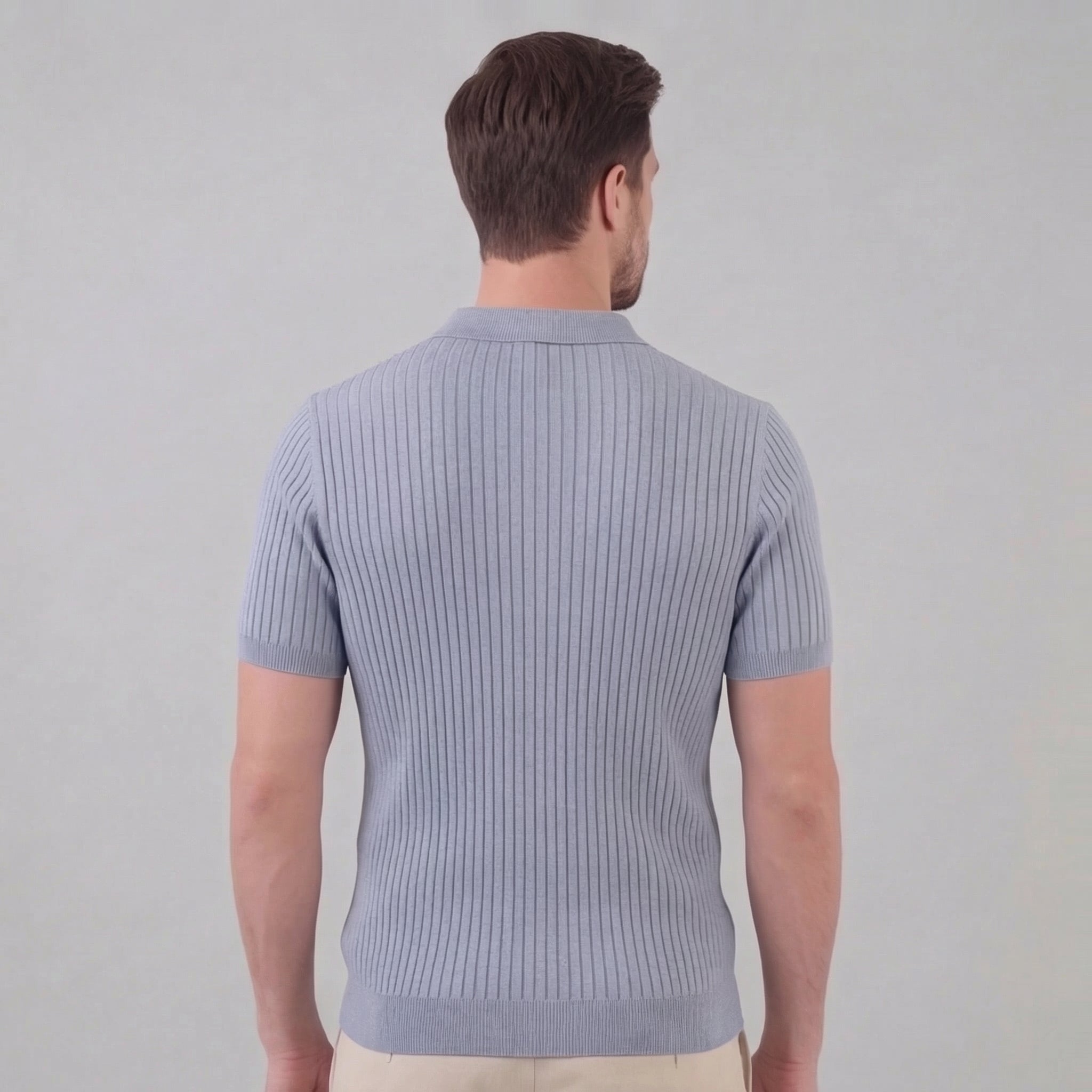 Men's Ribbed Knit Open Collar Polo Shirt Short Sleeve Summer