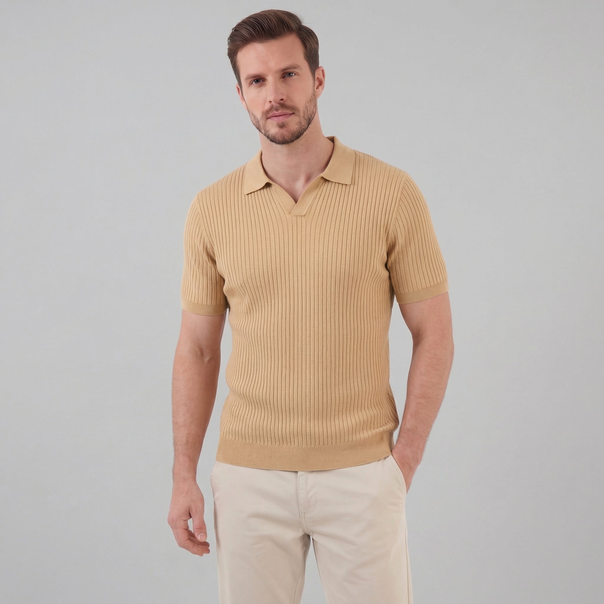 Men's Ribbed Knit Open Collar Polo Shirt Short Sleeve Summer