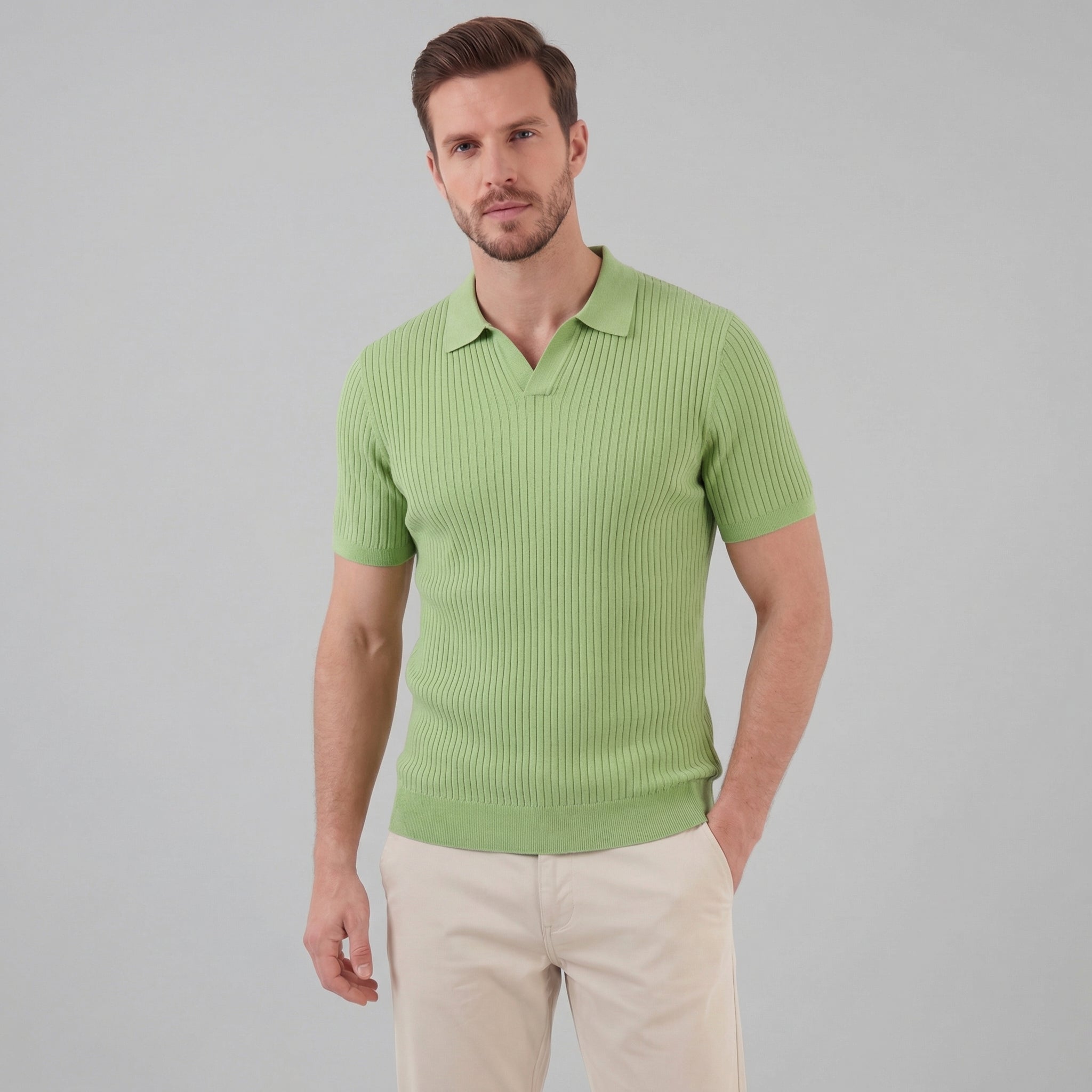 Men's Ribbed Knit Open Collar Polo Shirt Short Sleeve Summer
