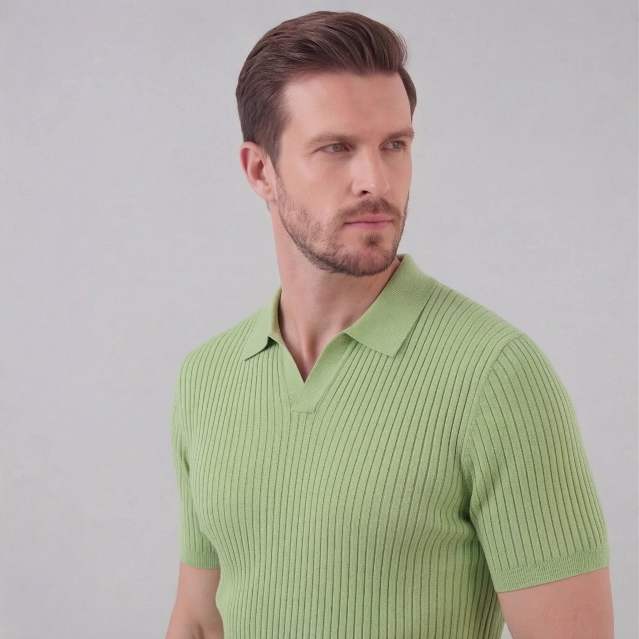 Men's Ribbed Knit Open Collar Polo Shirt Short Sleeve Summer