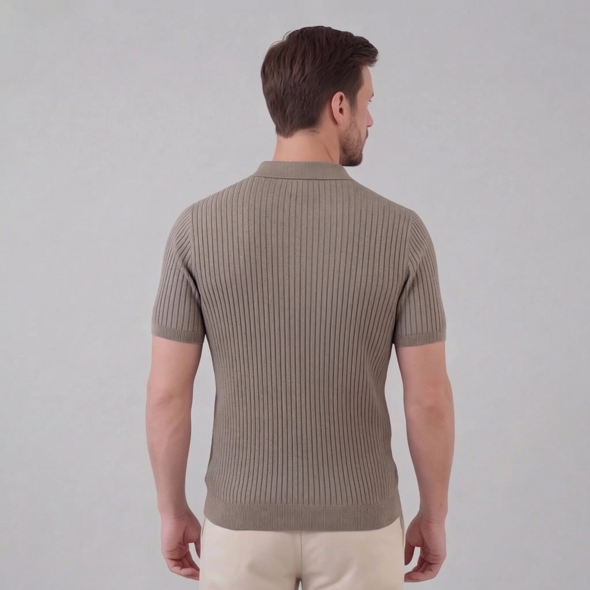 Men's Ribbed Knit Open Collar Polo Shirt Short Sleeve Summer