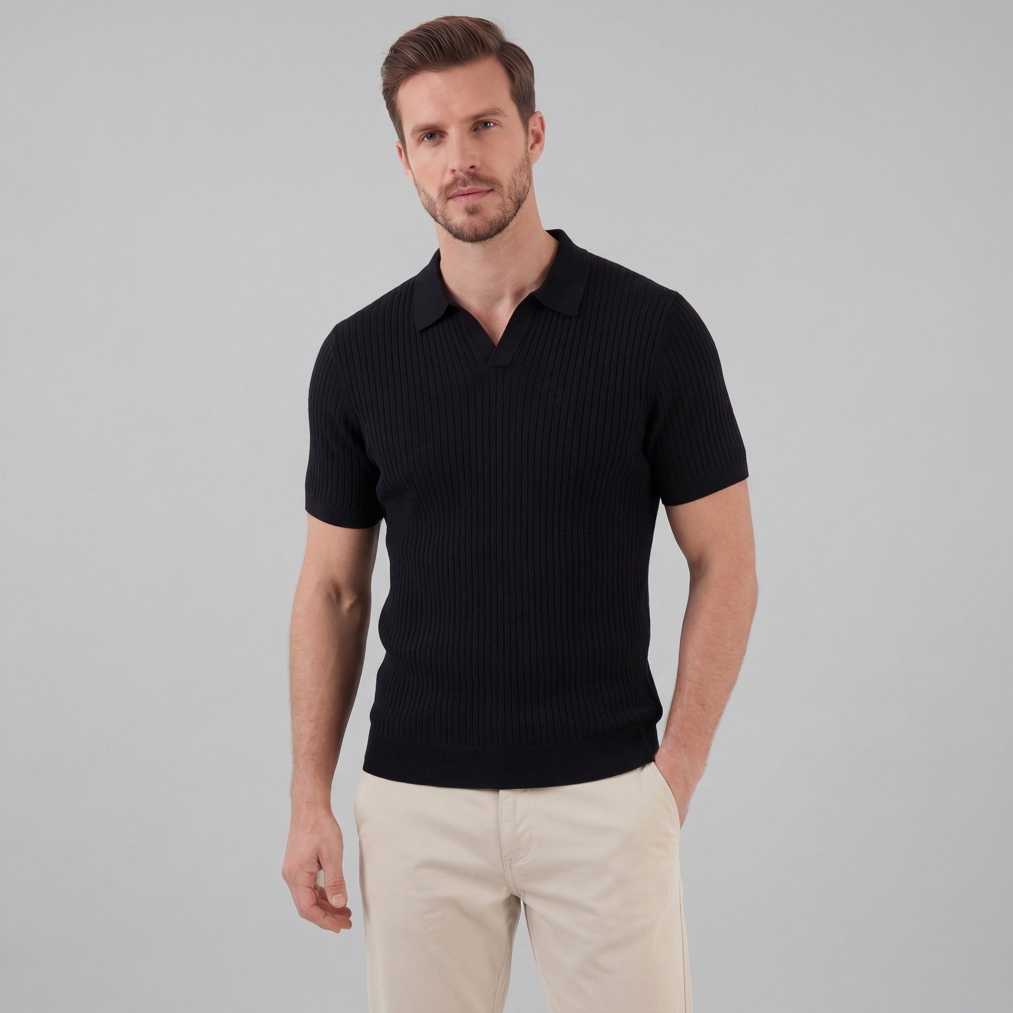 Men's Ribbed Knit Open Collar Polo Shirt Short Sleeve Summer