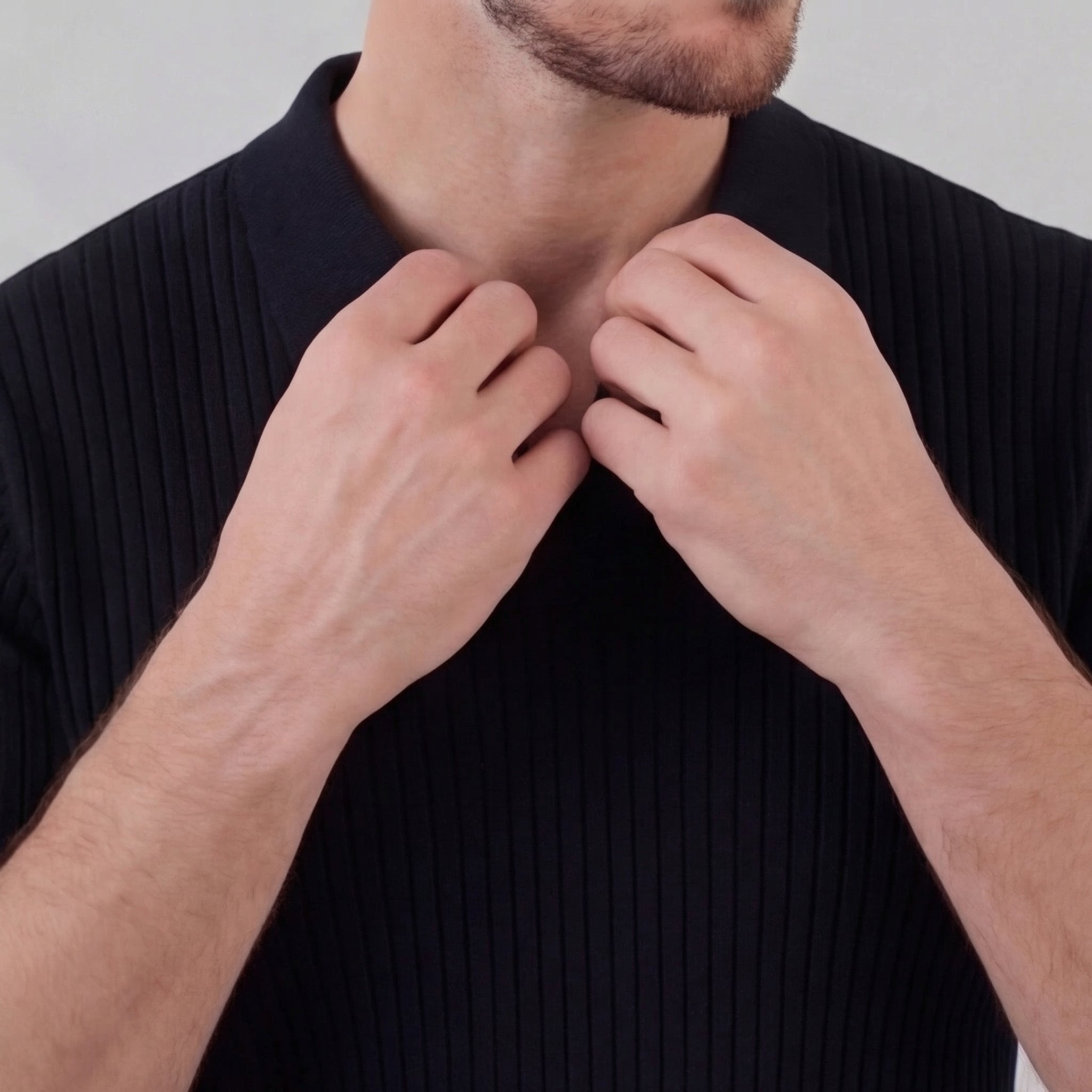 Men's Ribbed Knit Open Collar Polo Shirt Short Sleeve Summer