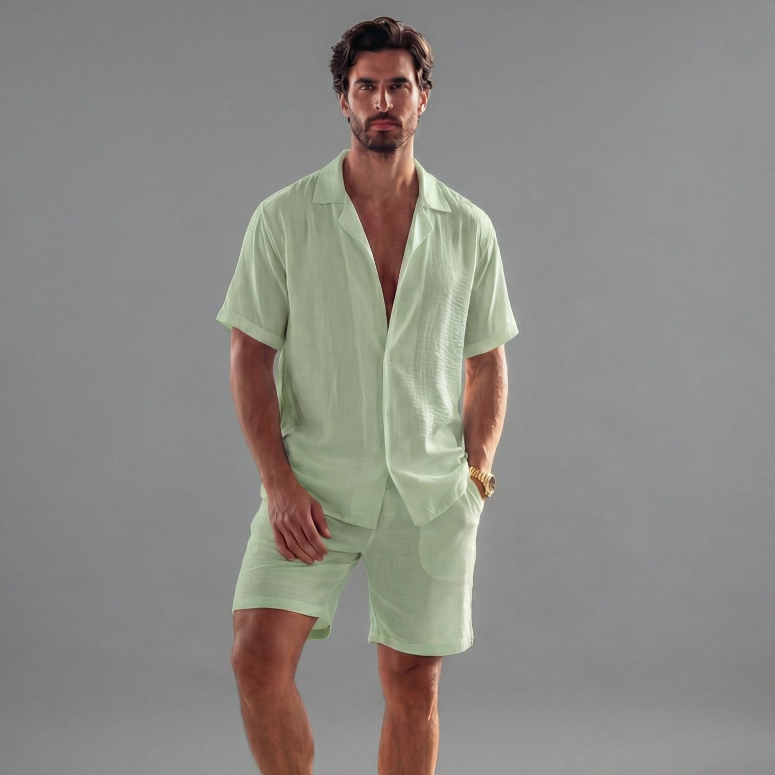 Men's Linen Camp Collar Shirt Shorts Co-ord Set Summer