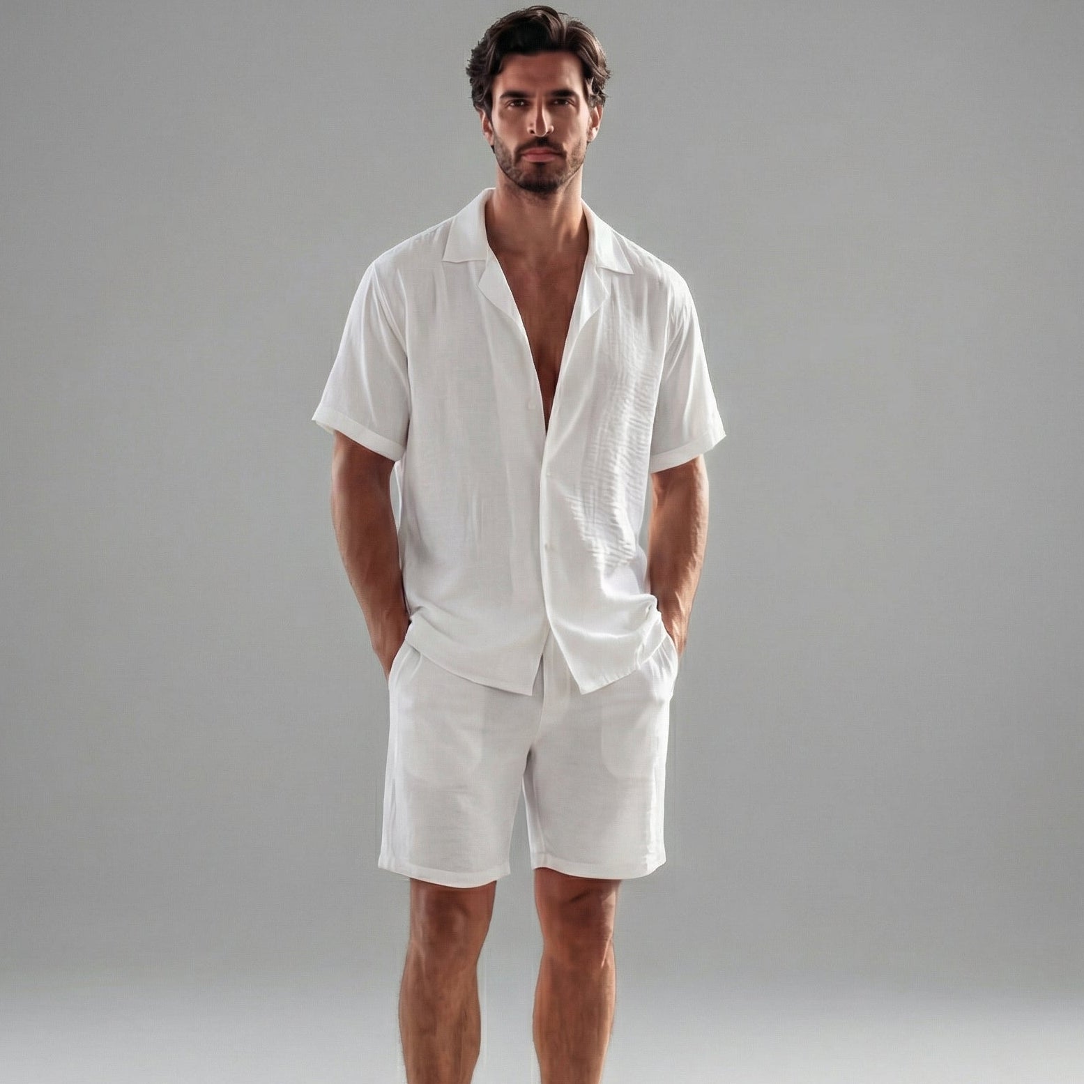 Men's Linen Camp Collar Shirt Shorts Co-ord Set Summer