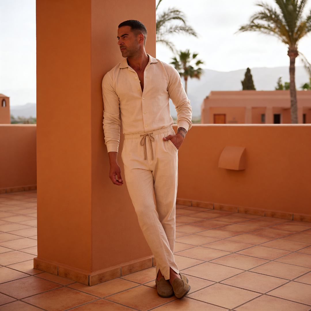 Men's Linen Long Sleeve Cuban Collar Shirt Trousers Co-ord Set Summer