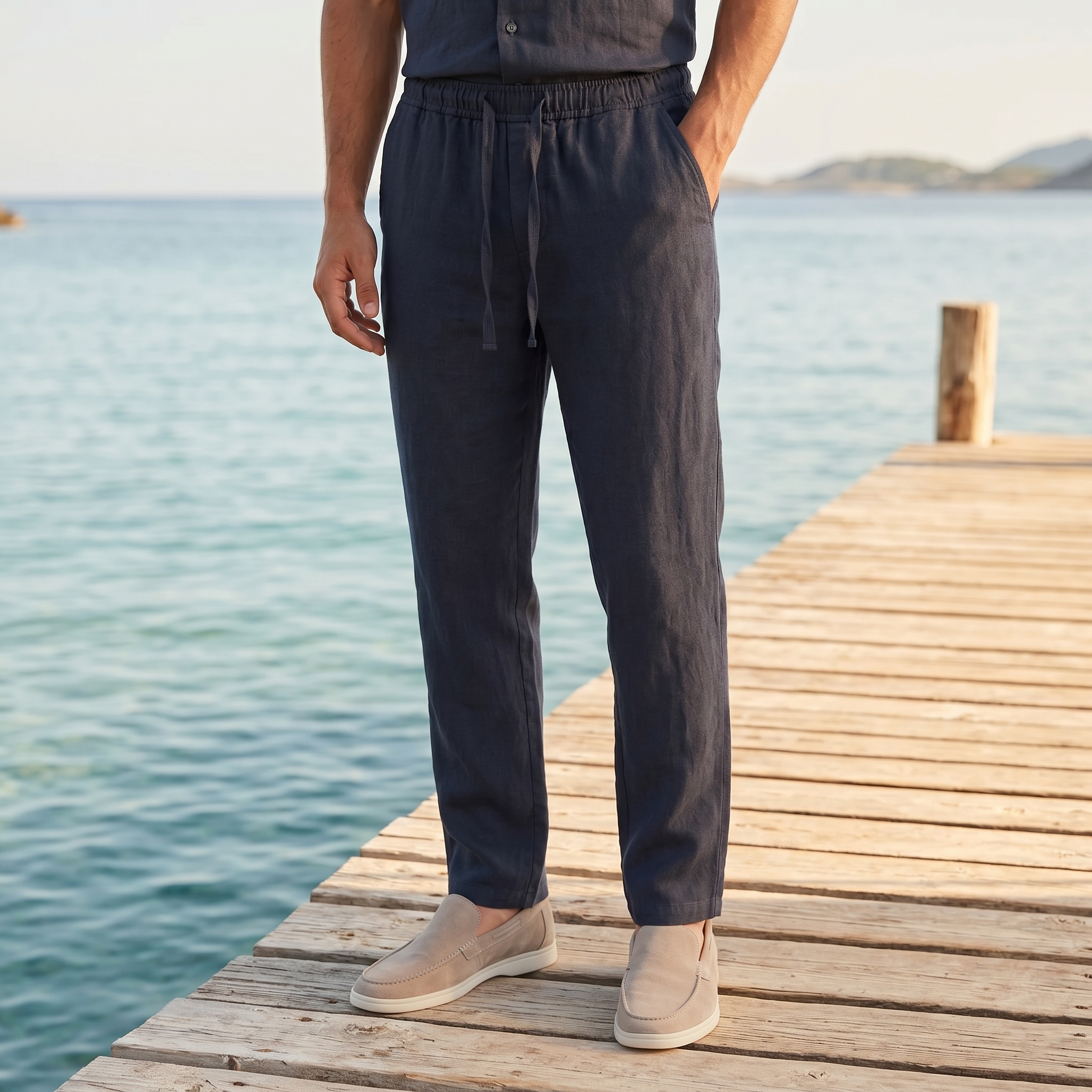 Men's Linen Trousers Elasticated Waist Casual Summer