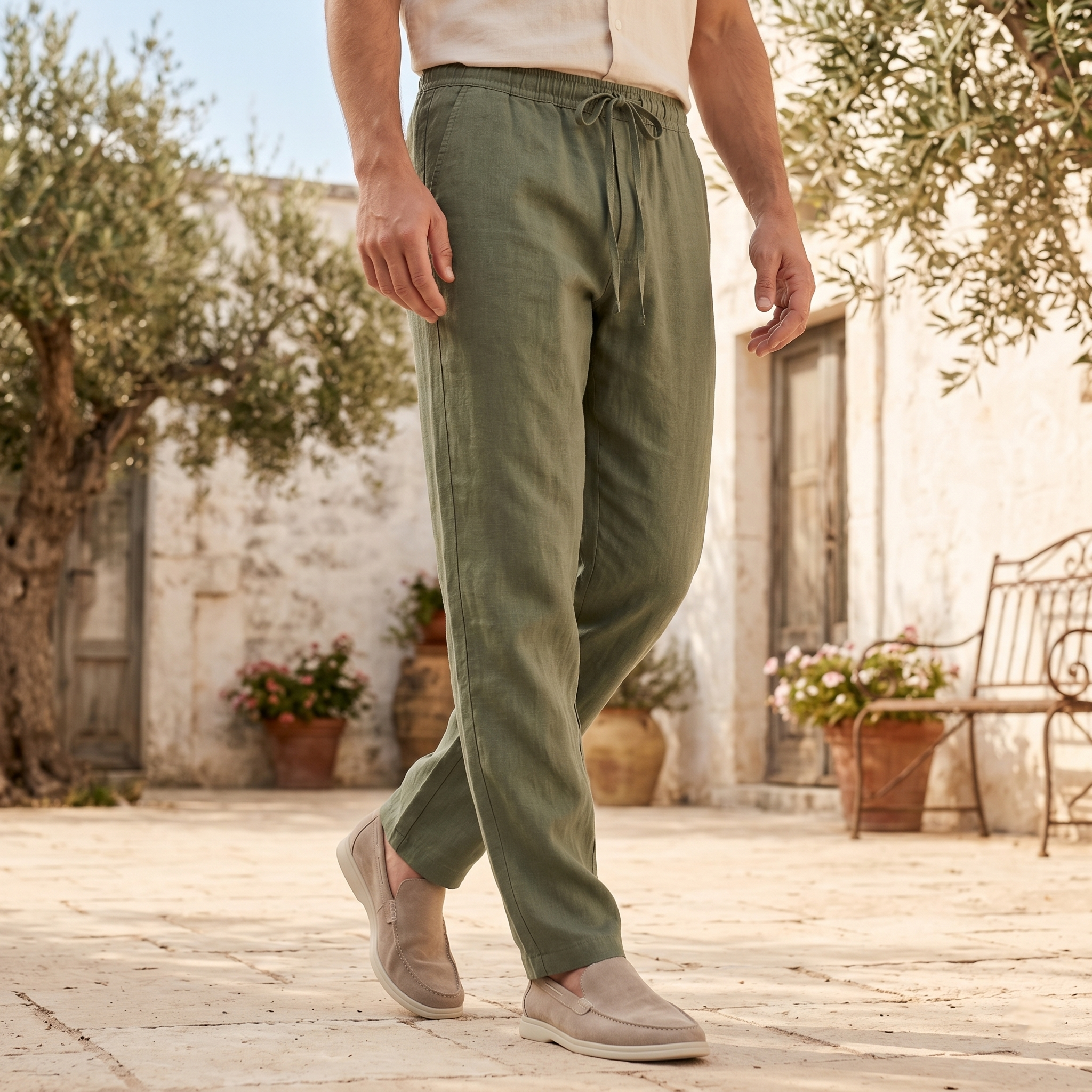 Men's Linen Trousers Elasticated Waist Casual Summer