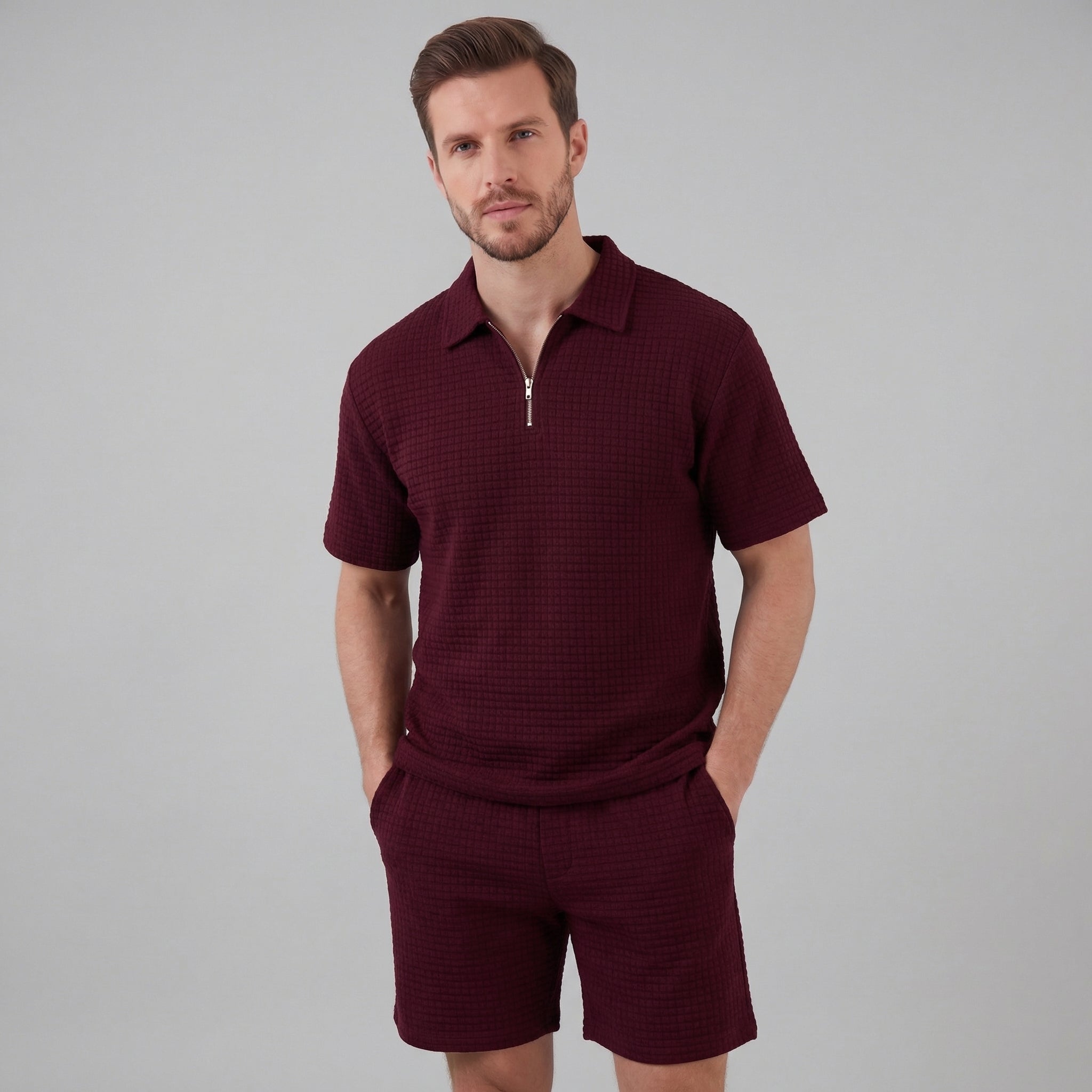 Men's Waffle Texture Zip Polo Shirt Shorts Co-ord Set Summer