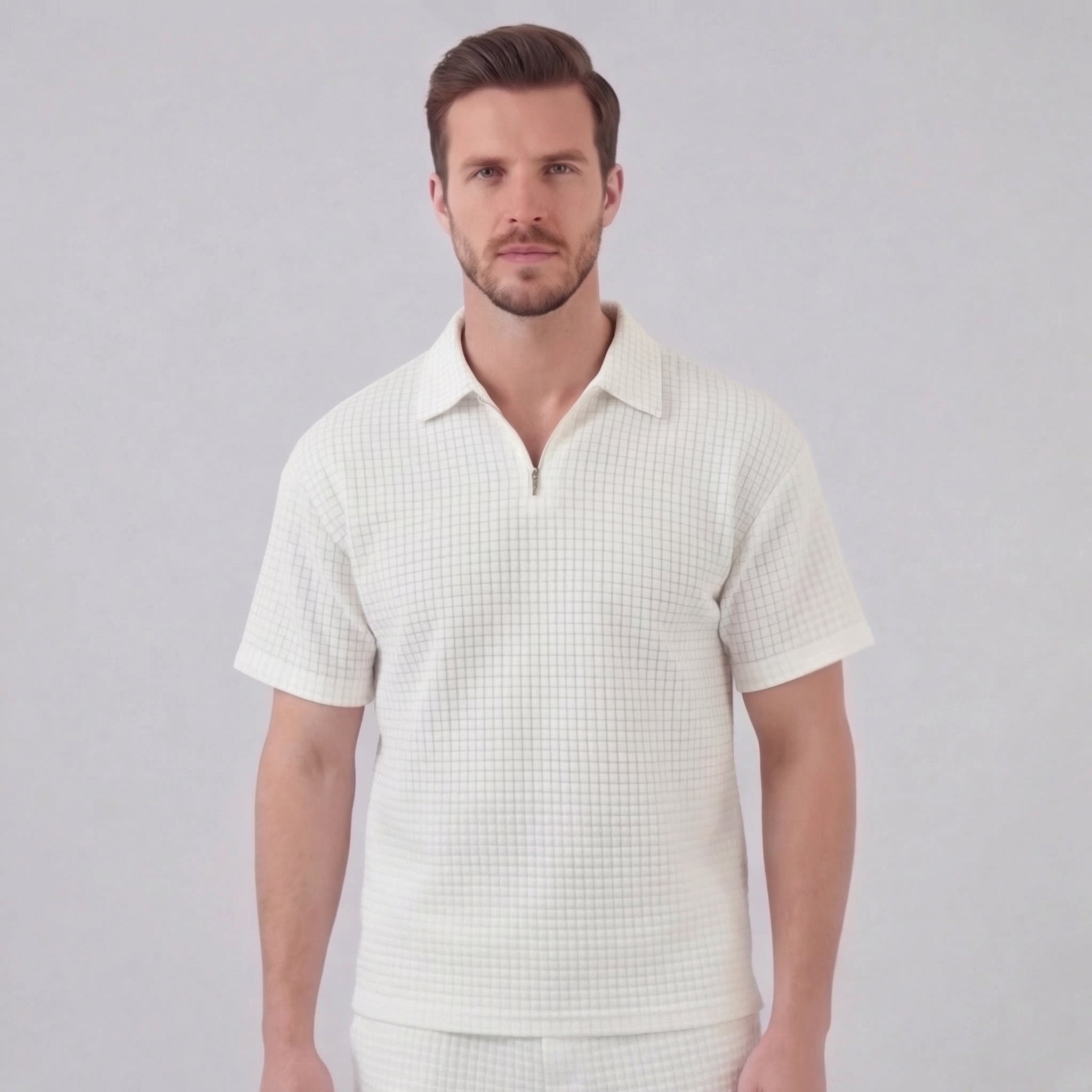 Men's Waffle Texture Zip Polo Shirt Shorts Co-ord Set Summer