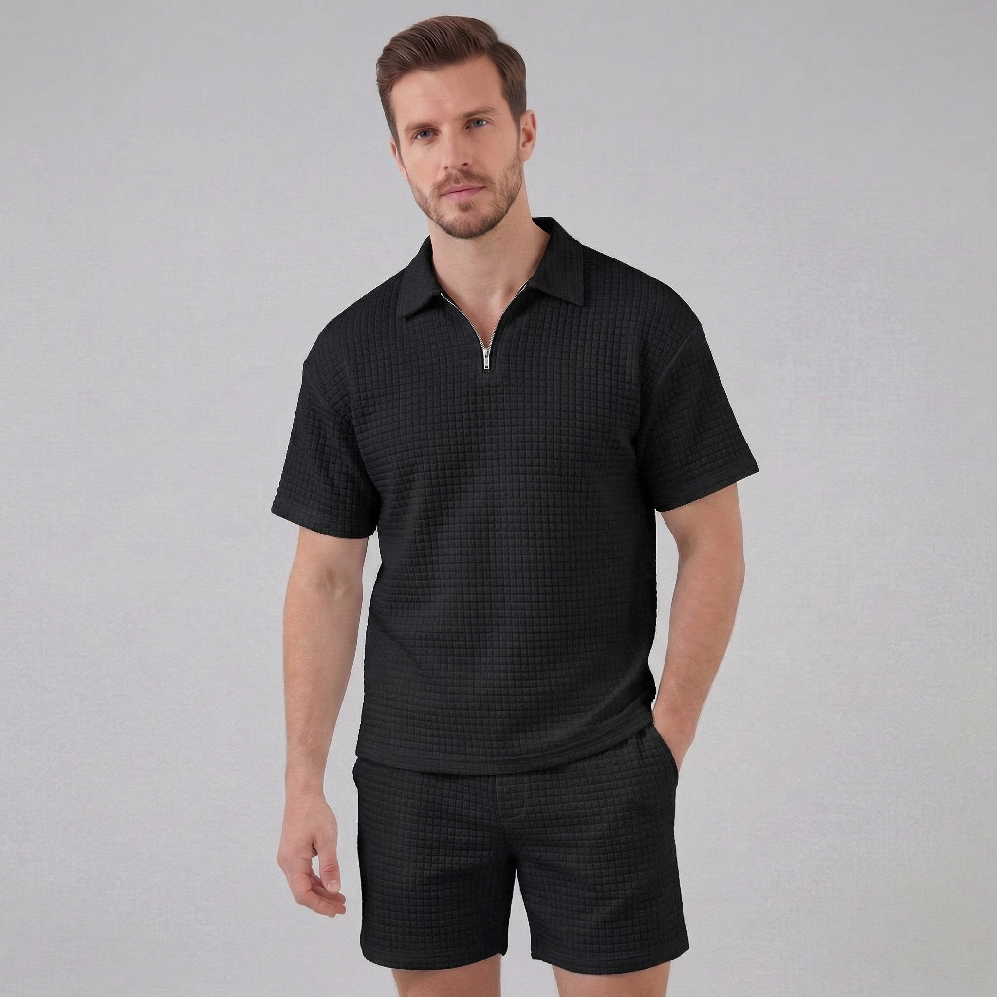 Men's Waffle Texture Zip Polo Shirt Shorts Co-ord Set Summer