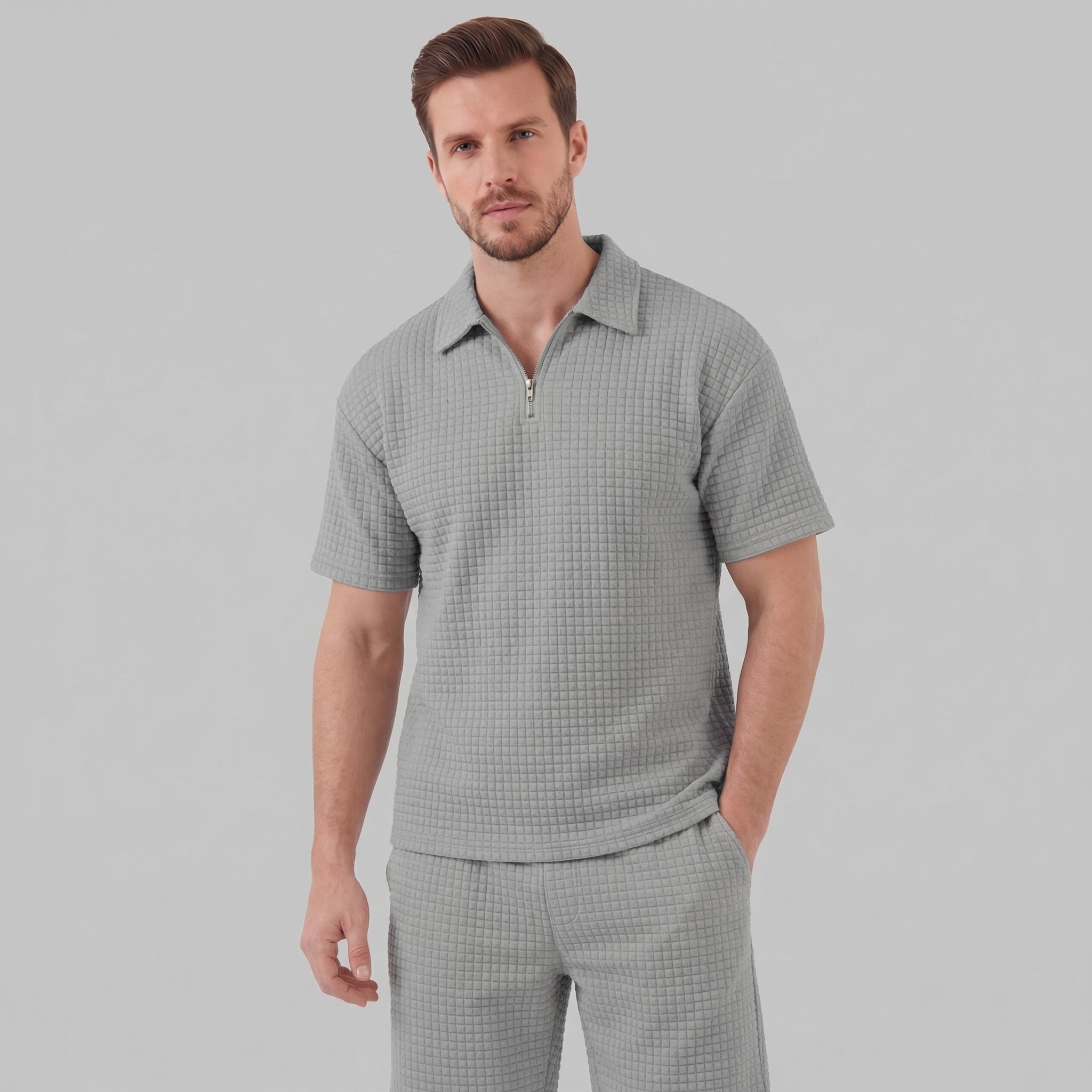 Men's Waffle Texture Zip Polo Shirt Shorts Co-ord Set Summer