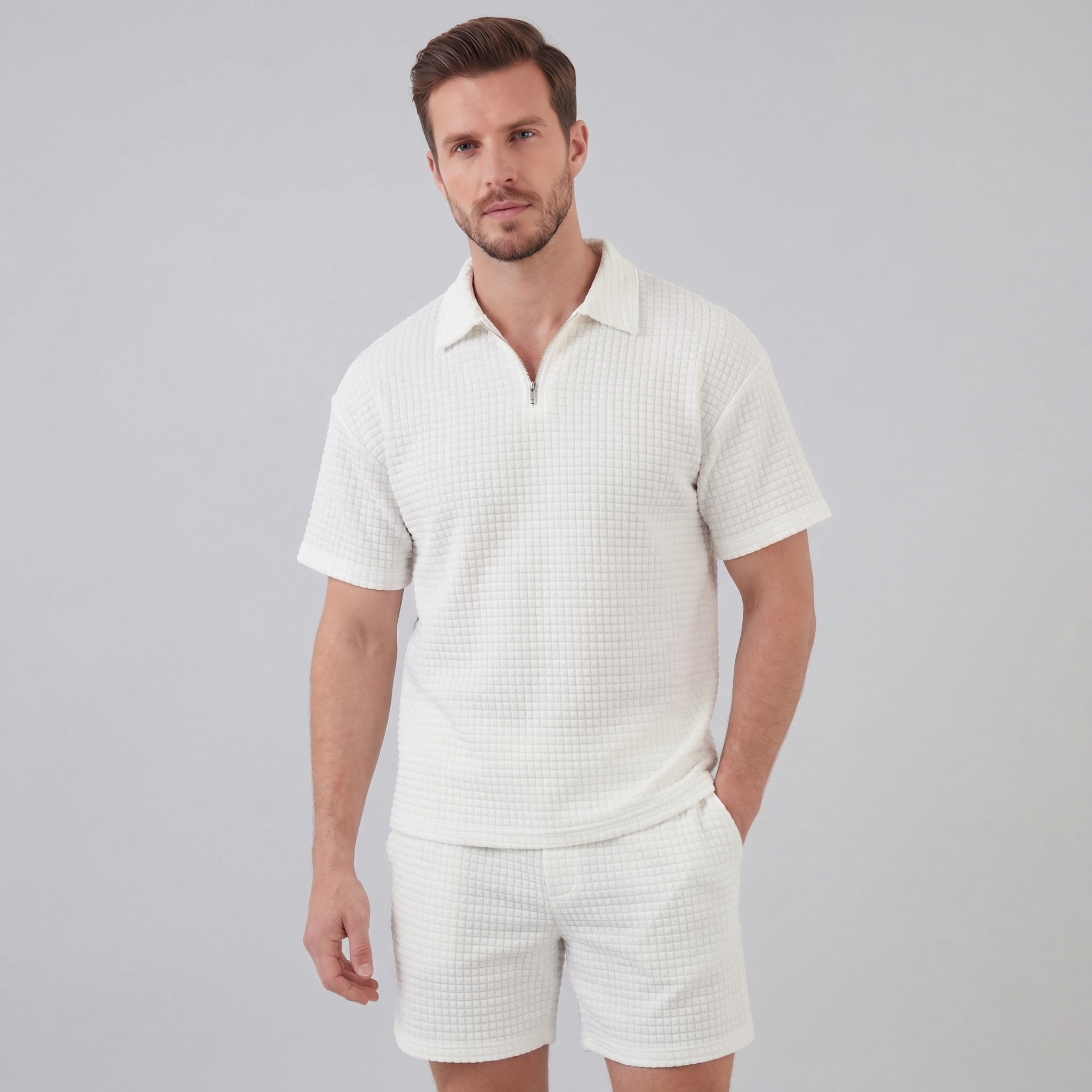 Men's Waffle Texture Zip Polo Shirt Shorts Co-ord Set Summer