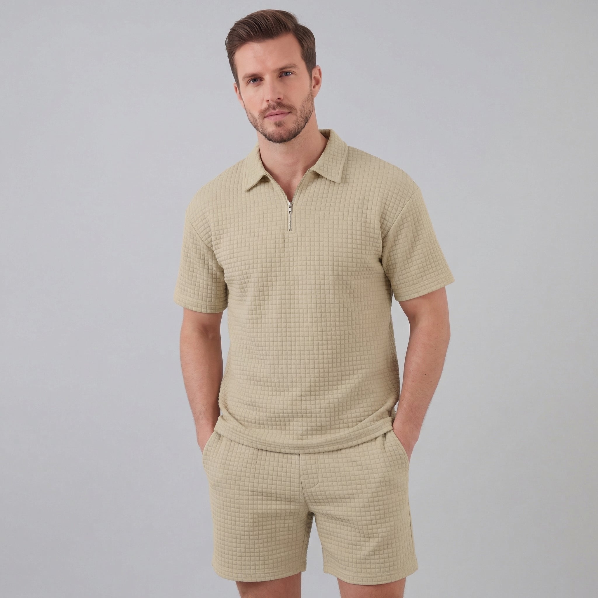 Men's Waffle Texture Zip Polo Shirt Shorts Co-ord Set Summer