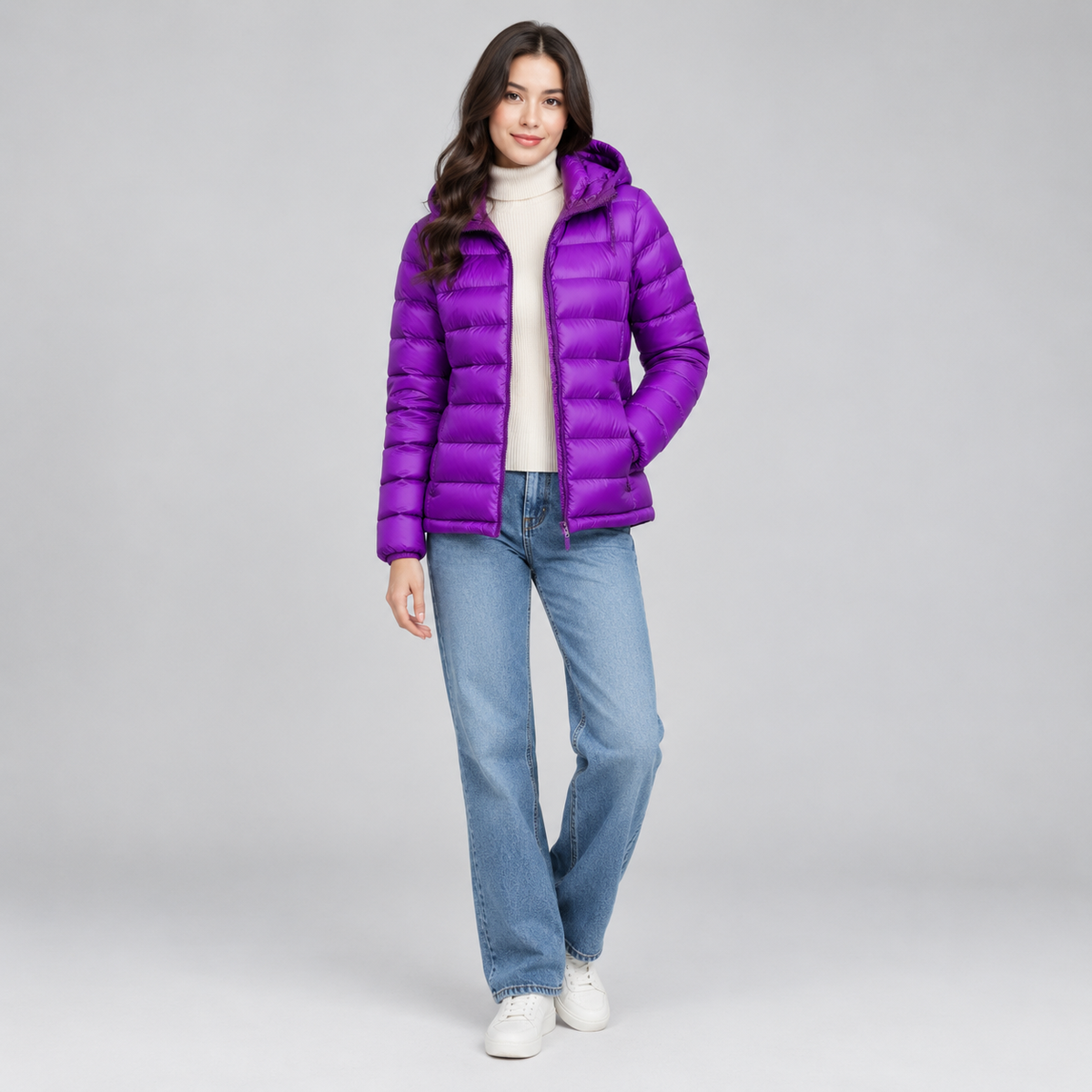 Women's Lightweight Hooded Quilted Jacket on a model, colour option