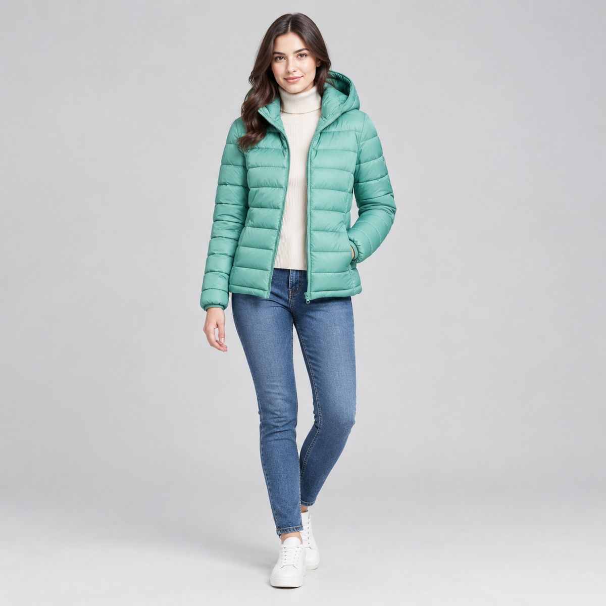 Women's Lightweight Hooded Quilted Jacket on a model, colour option