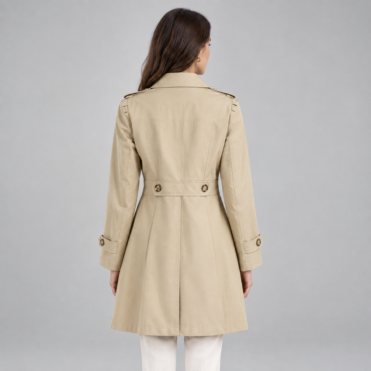 Women's Tailored Longline Button Coat on a model, back view