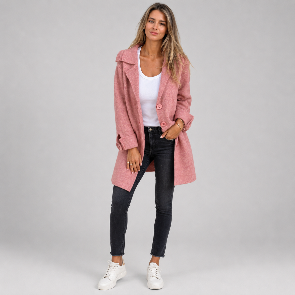 Women's Longline Button-Front Lapel Coat on a model, colour option