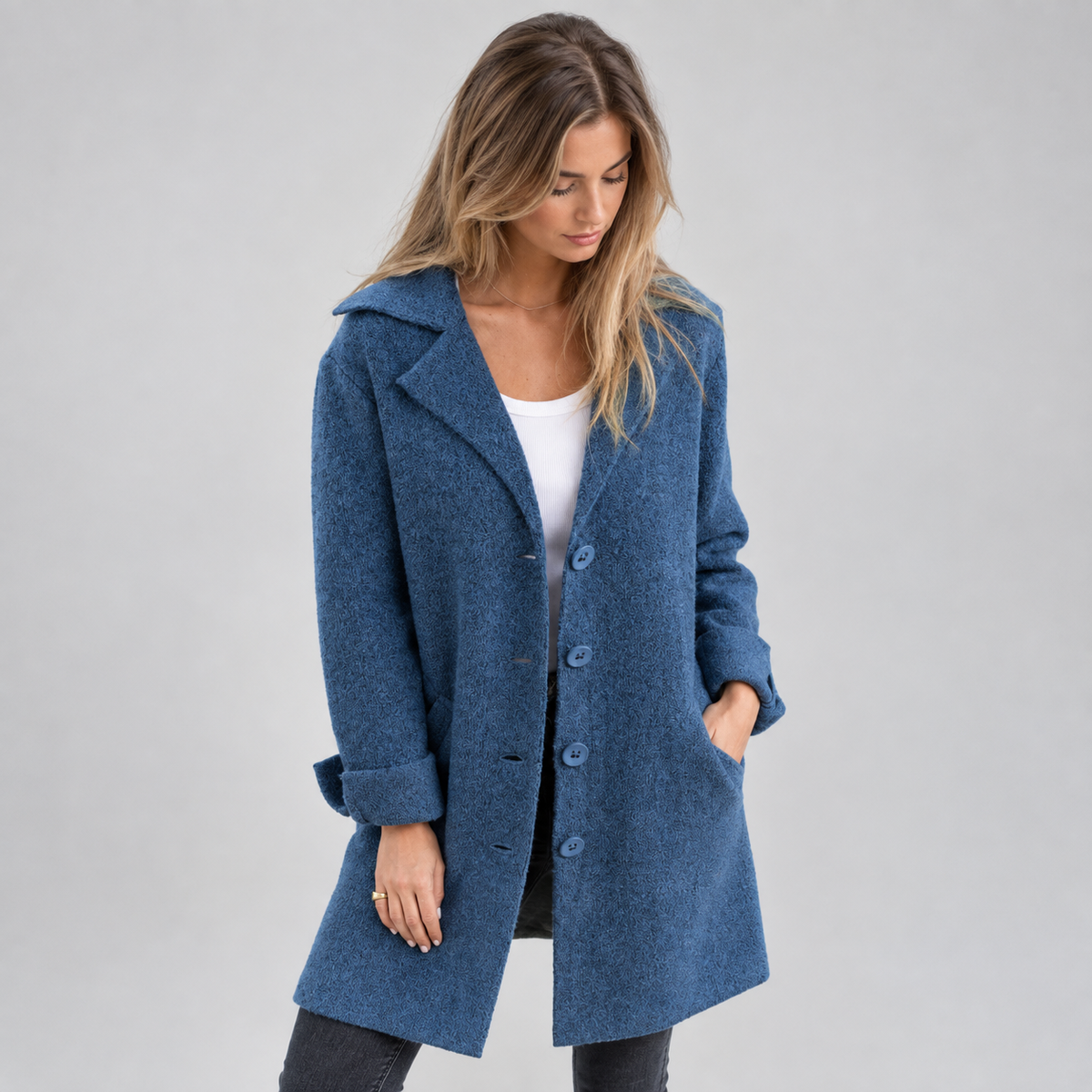Women's Longline Button-Front Lapel Coat on a model, front detail