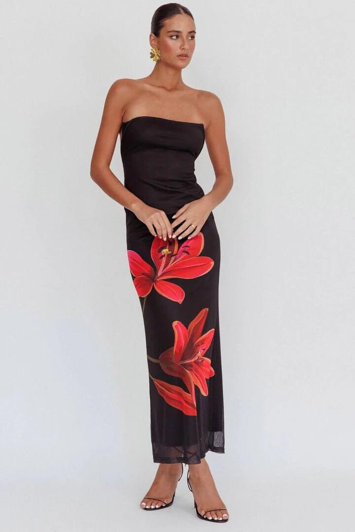 Cynthia - Midnight Bloom Strapless Maxi Dress - Lena Muse