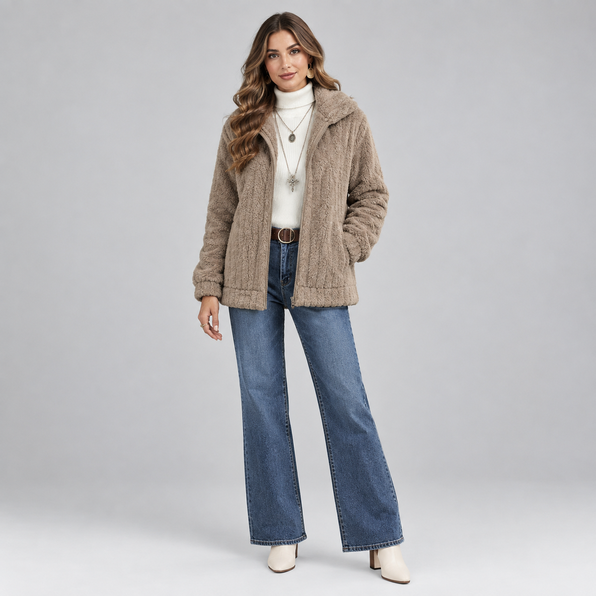 Women's Fluffy Zip-Up Teddy Fleece Jacket on a model, colour option