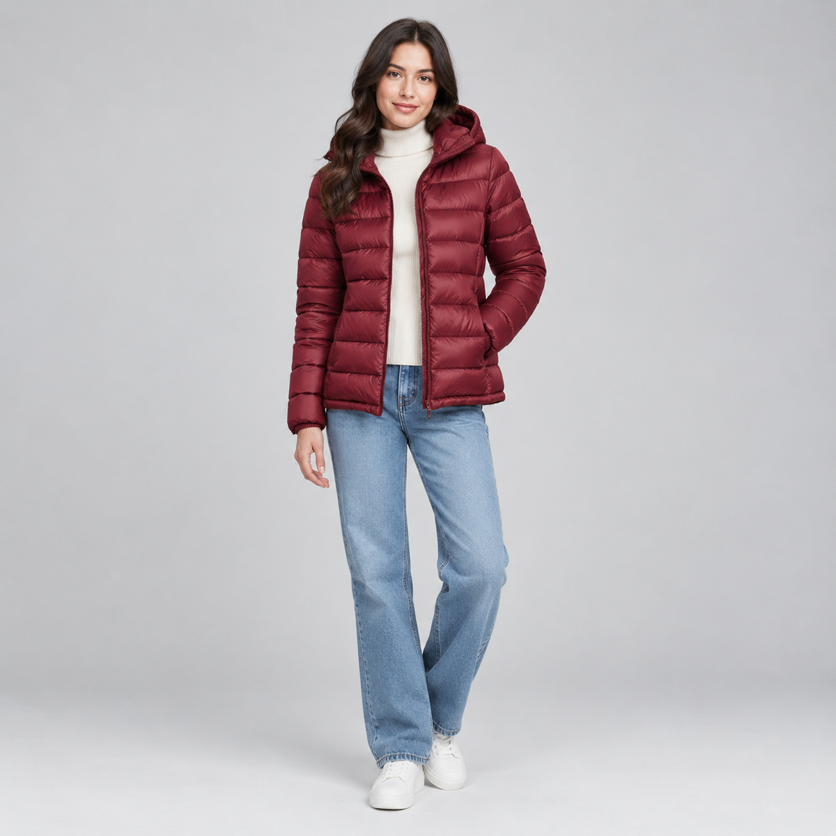 Women's Lightweight Hooded Quilted Jacket on a model, colour option