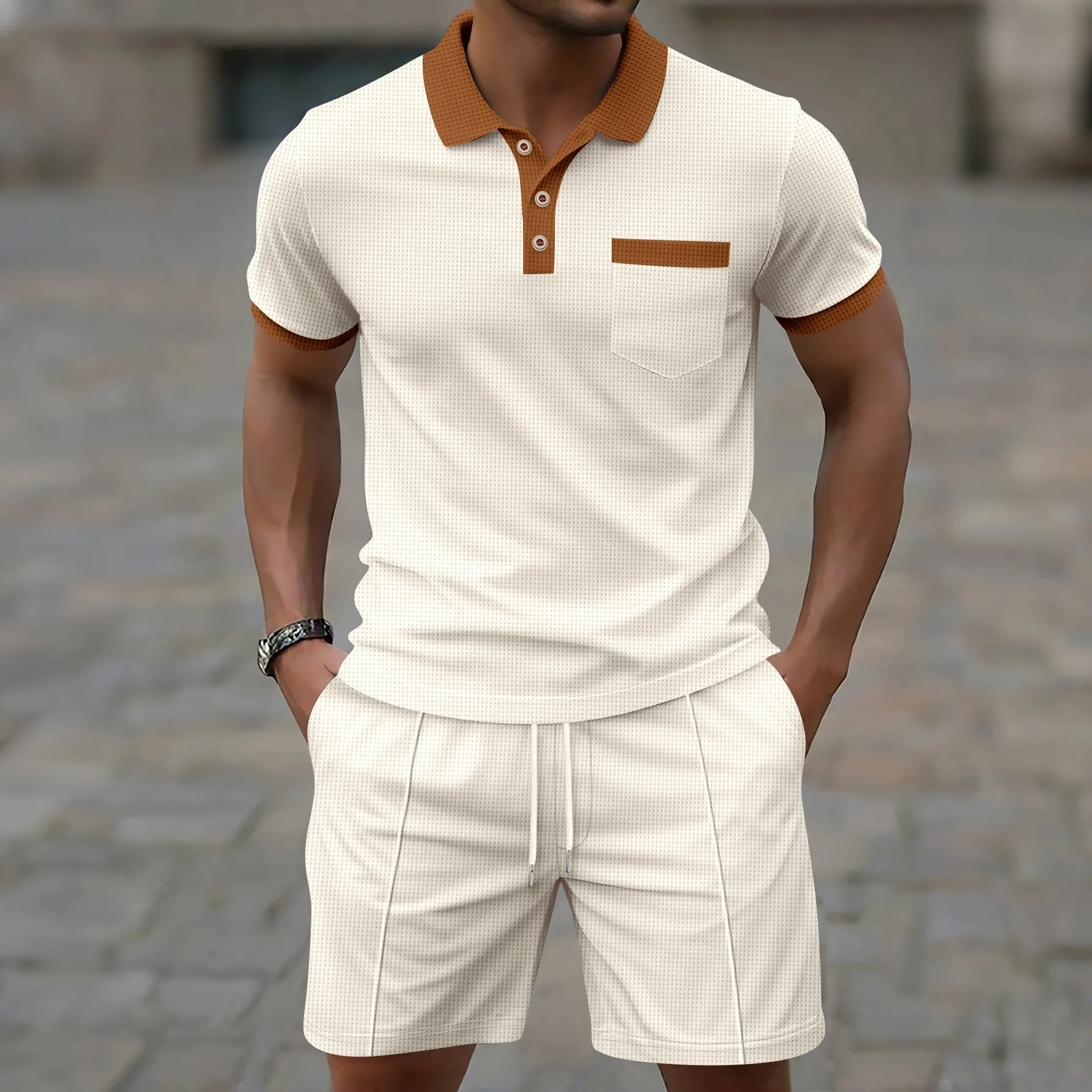 Men's Contrast Trim Polo Shirt Shorts Co-ord Set Summer