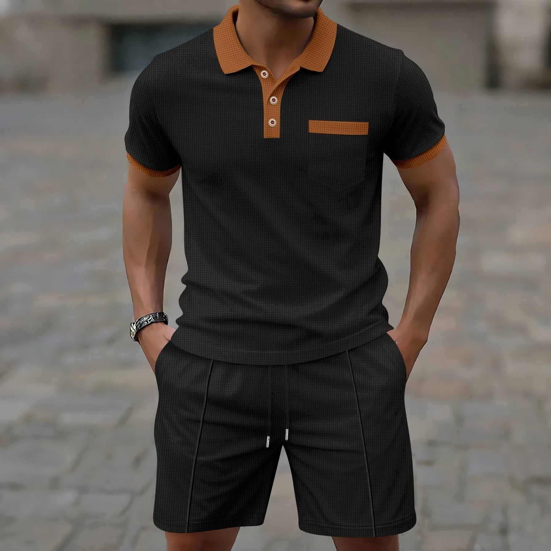 Men's Contrast Trim Polo Shirt Shorts Co-ord Set Summer