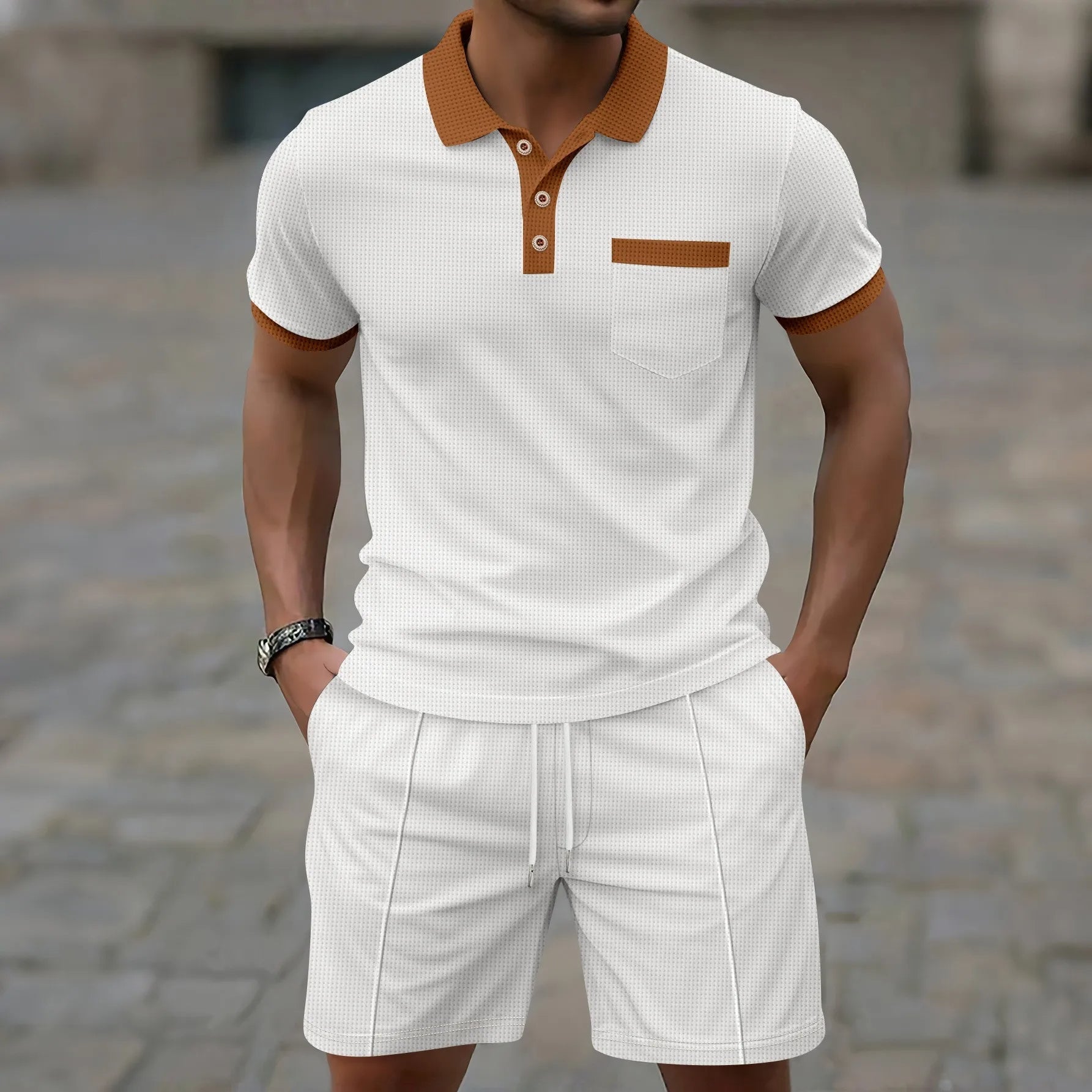 Men's Contrast Trim Polo Shirt Shorts Co-ord Set Summer