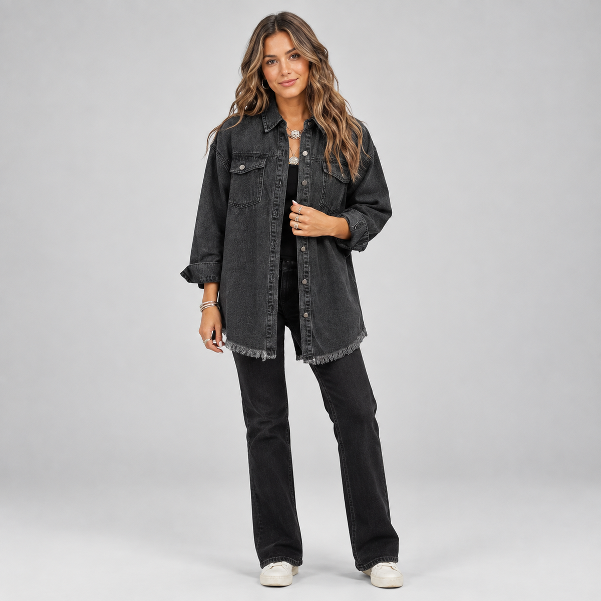 Women's Oversized Snap-Button Denim Jacket on a model, colour option