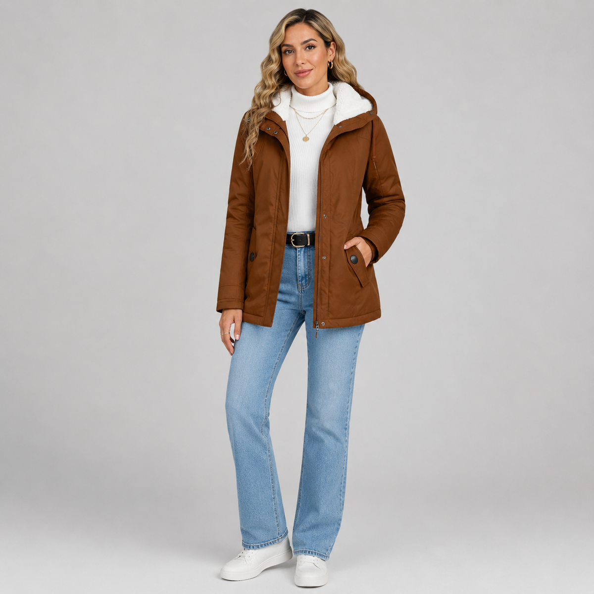 Women's Sherpa-Lined Hooded Quilted Jacket on a model, colour option