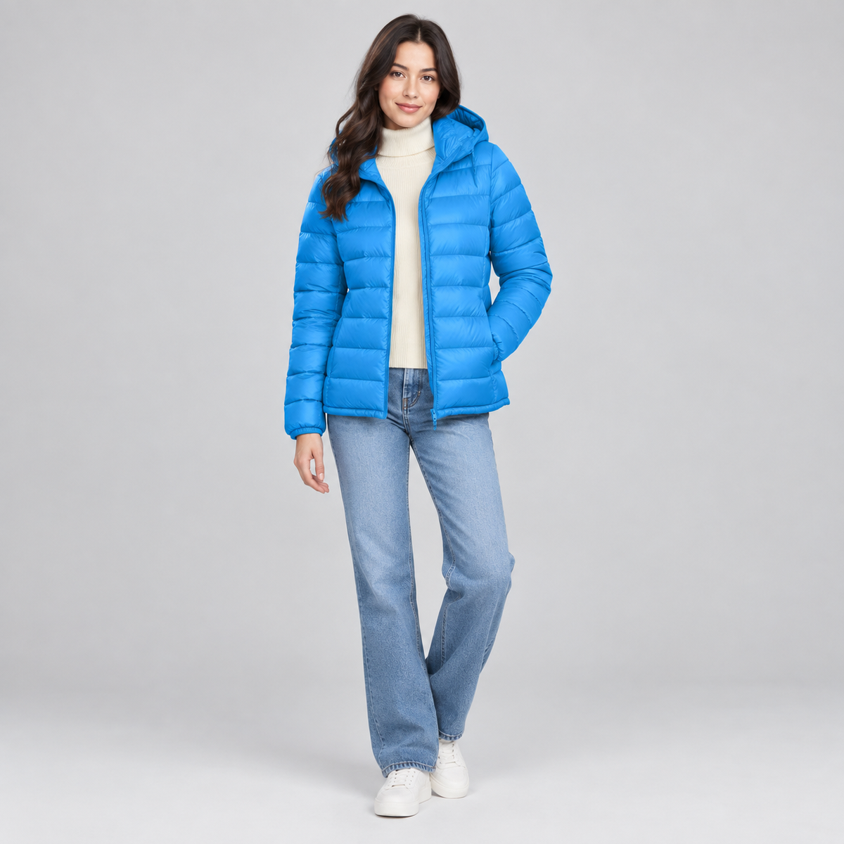 Women's Lightweight Hooded Quilted Jacket on a model, colour option