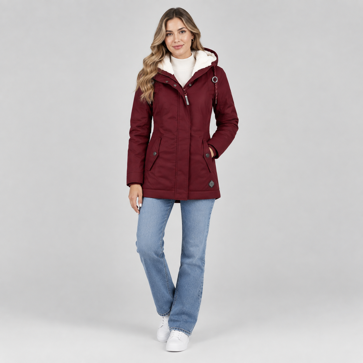 Women's Sherpa-Lined Hooded Quilted Jacket on a model, colour option