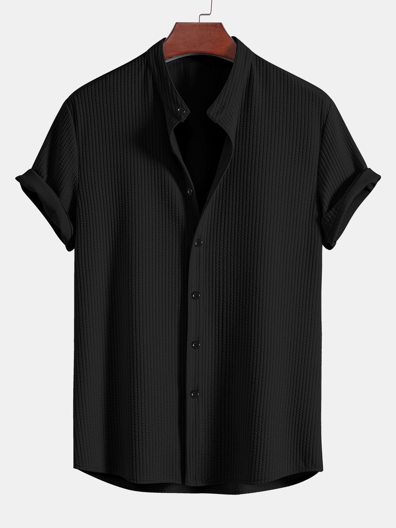 Men's Short Sleeve Textured Shirt Stand Up Collar Summer